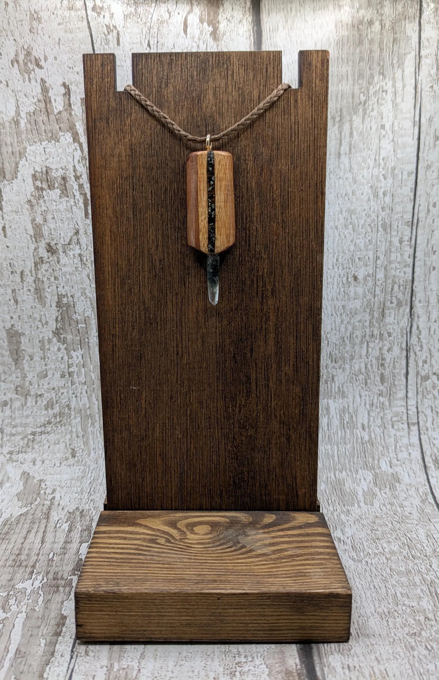Swamp Kauri Ancestor Key Pendant – Dual Inlay Codex Wand with Black Tourmaline, Garnet, Fossil Specimen, Quartz Point, Ancestral Connection.