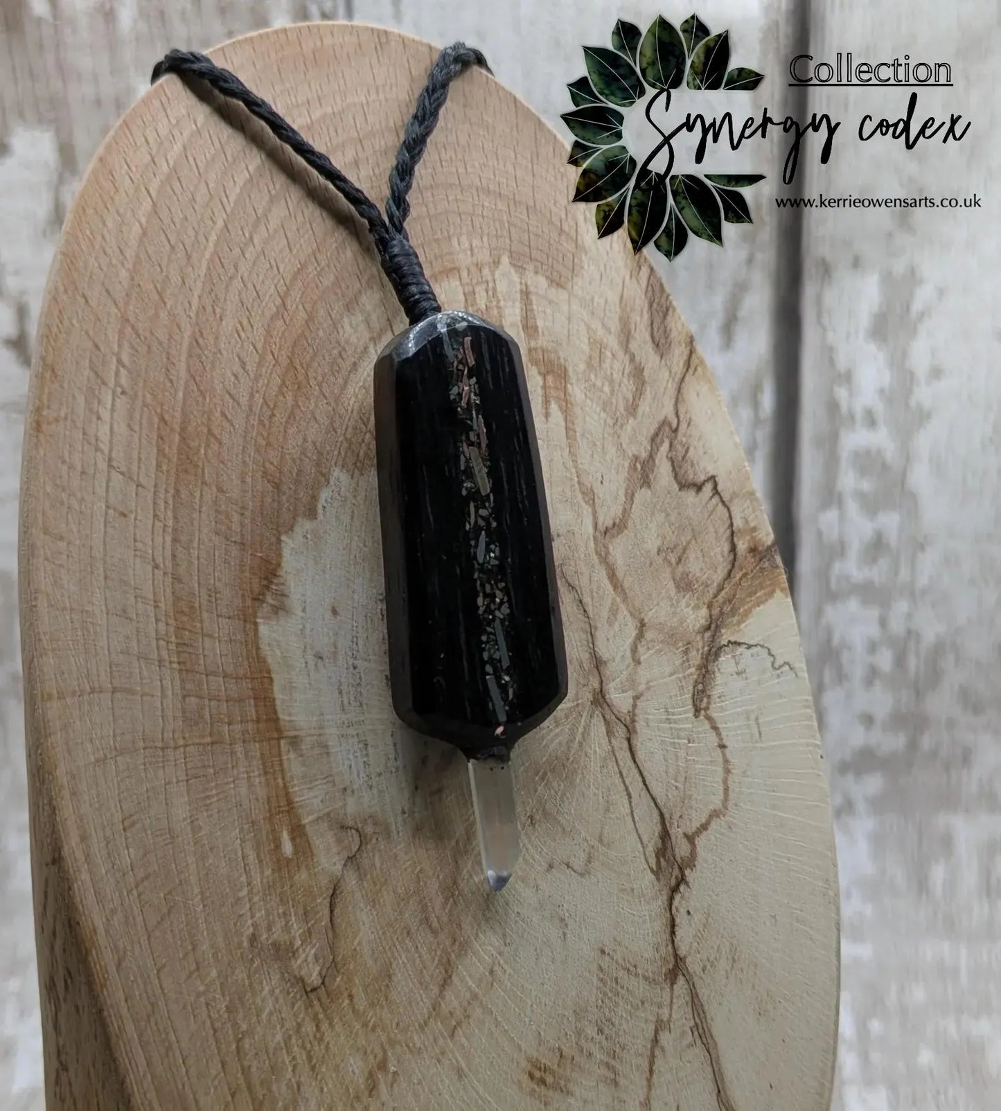 Fenland Bog Oak Synergy Key Pendant – Moldavite, Sterling Silver, Copper, Bronze, Iron Pyrite & Quartz Point – Elemental transformation Wand