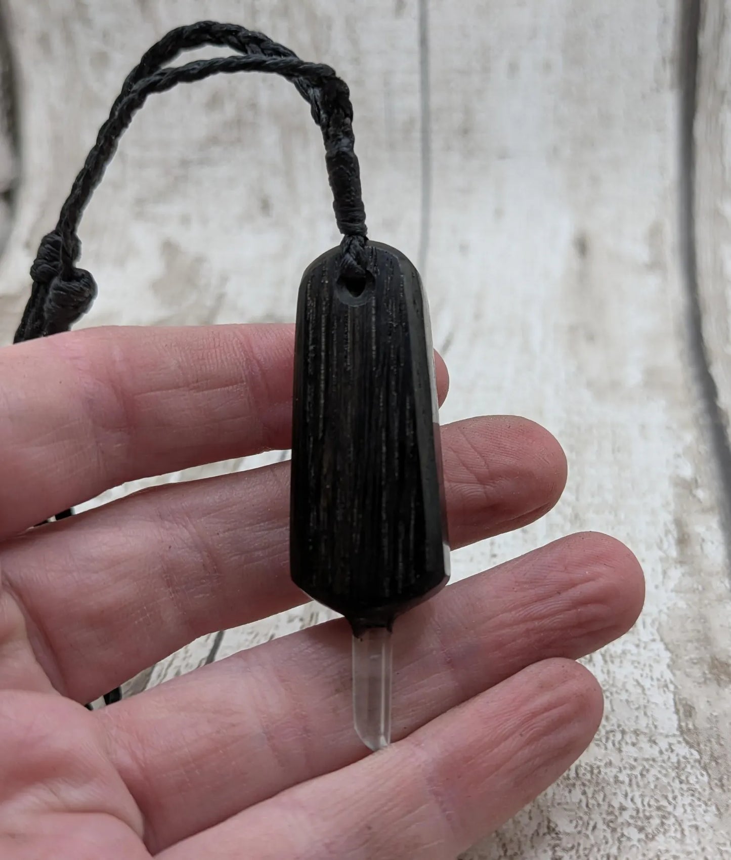 Fenland Bog Oak Synergy Key Pendant – Moldavite, Sterling Silver, Copper, Bronze, Iron Pyrite & Quartz Point – Elemental transformation Wand