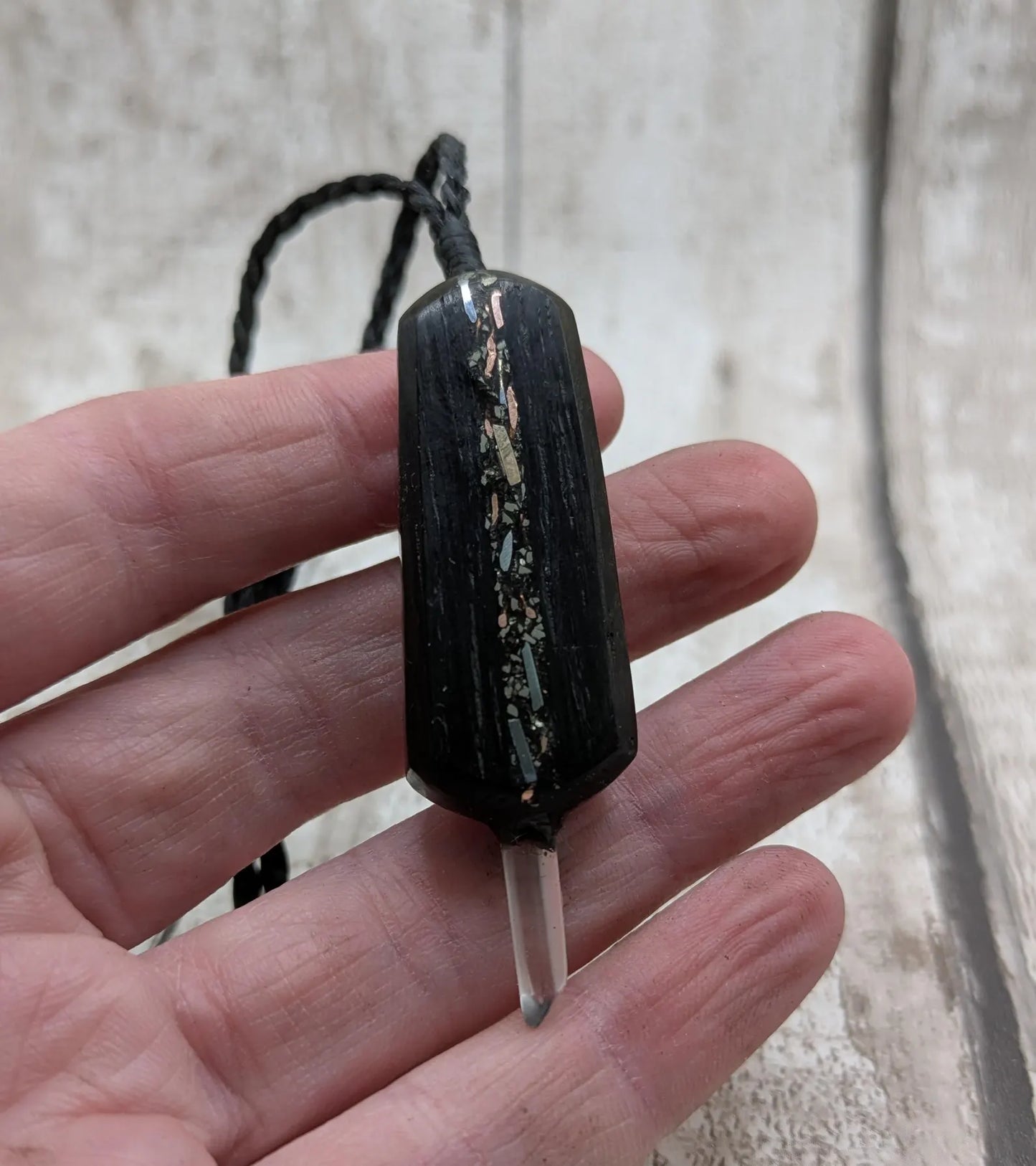 Fenland Bog Oak Synergy Key Pendant – Moldavite, Sterling Silver, Copper, Bronze, Iron Pyrite & Quartz Point – Elemental transformation Wand