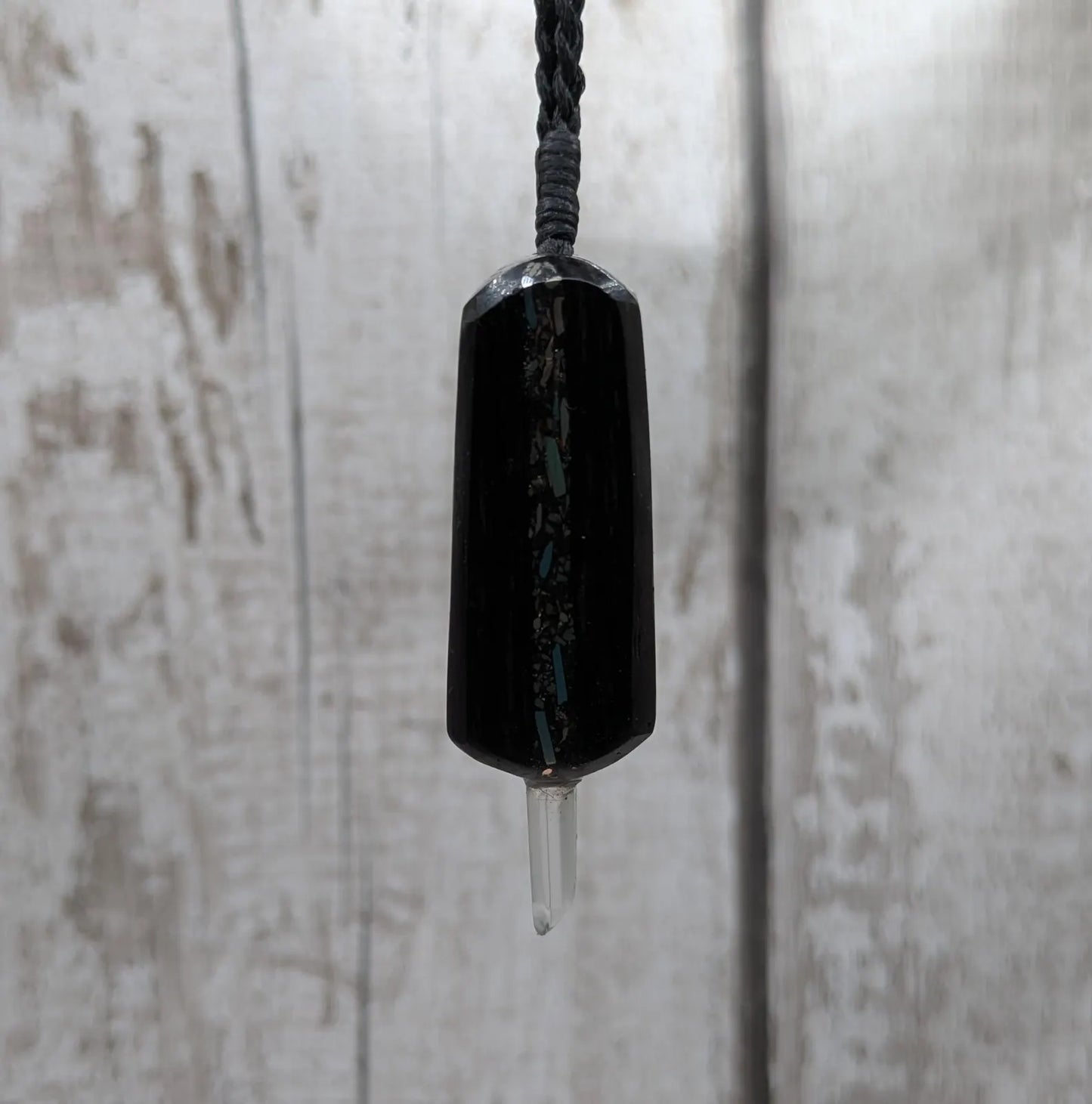 Fenland Bog Oak Synergy Key Pendant – Moldavite, Sterling Silver, Copper, Bronze, Iron Pyrite & Quartz Point – Elemental transformation Wand
