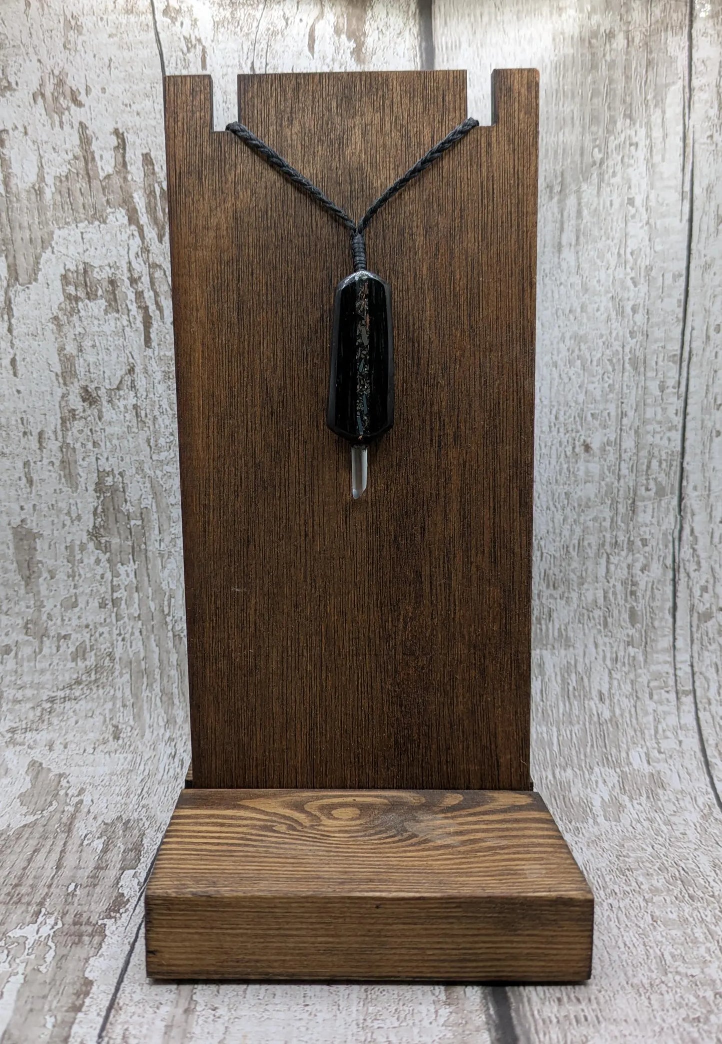 Fenland Bog Oak Synergy Key Pendant – Moldavite, Sterling Silver, Copper, Bronze, Iron Pyrite & Quartz Point – Elemental transformation Wand