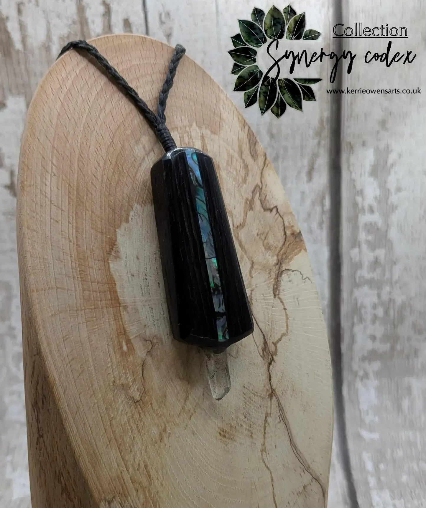 Fenland Bog Oak Synergy Key Pendant – Pāua, Selenite, Hiddenite & Quartz Wand – Vibrational Tool for Lightwork & Spiritual Activation