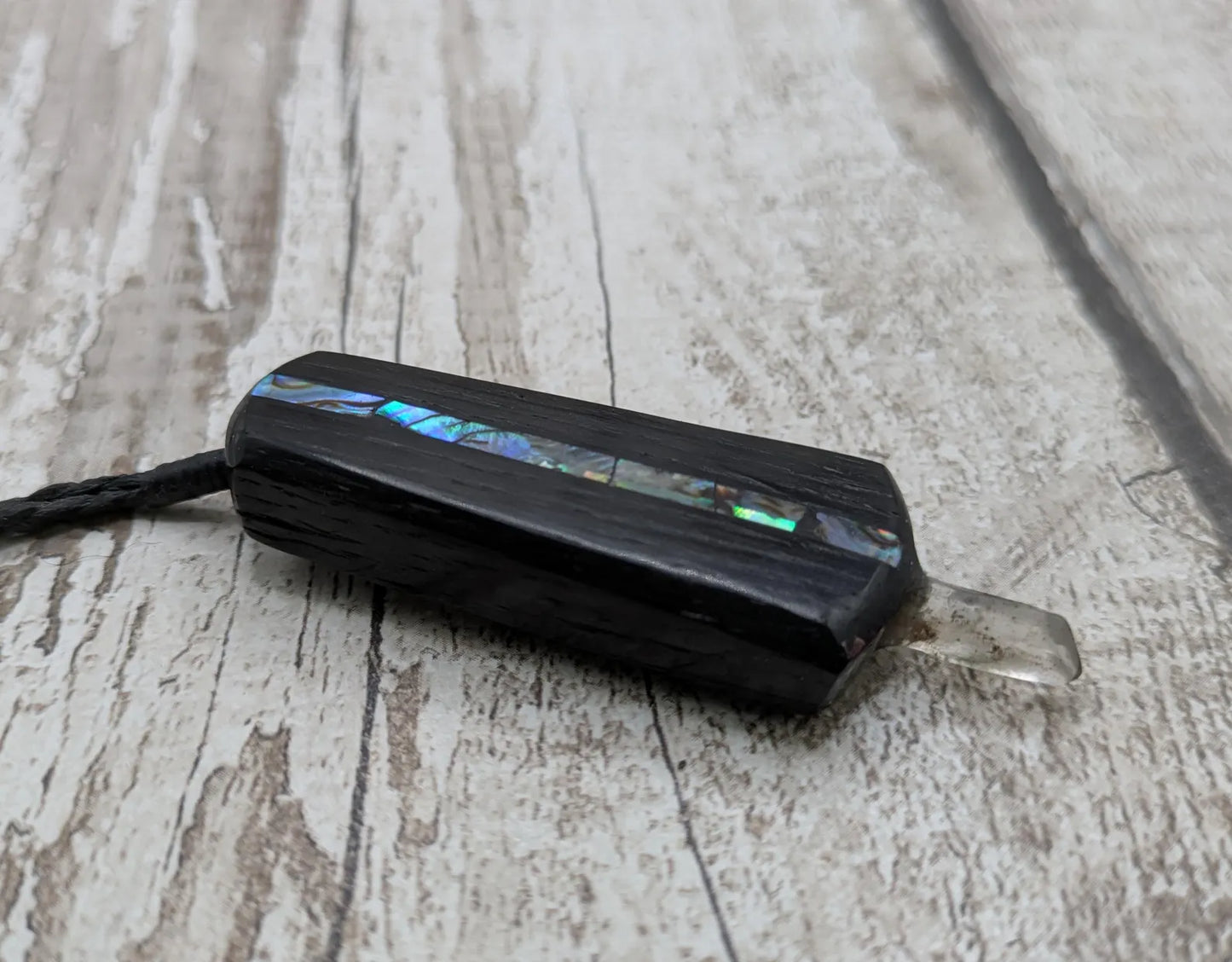 Fenland Bog Oak Synergy Key Pendant – Pāua, Selenite, Hiddenite & Quartz Wand – Vibrational Tool for Lightwork & Spiritual Activation