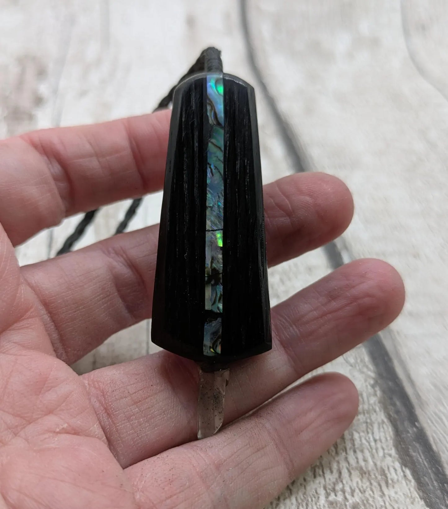 Fenland Bog Oak Synergy Key Pendant – Pāua, Selenite, Hiddenite & Quartz Wand – Vibrational Tool for Lightwork & Spiritual Activation