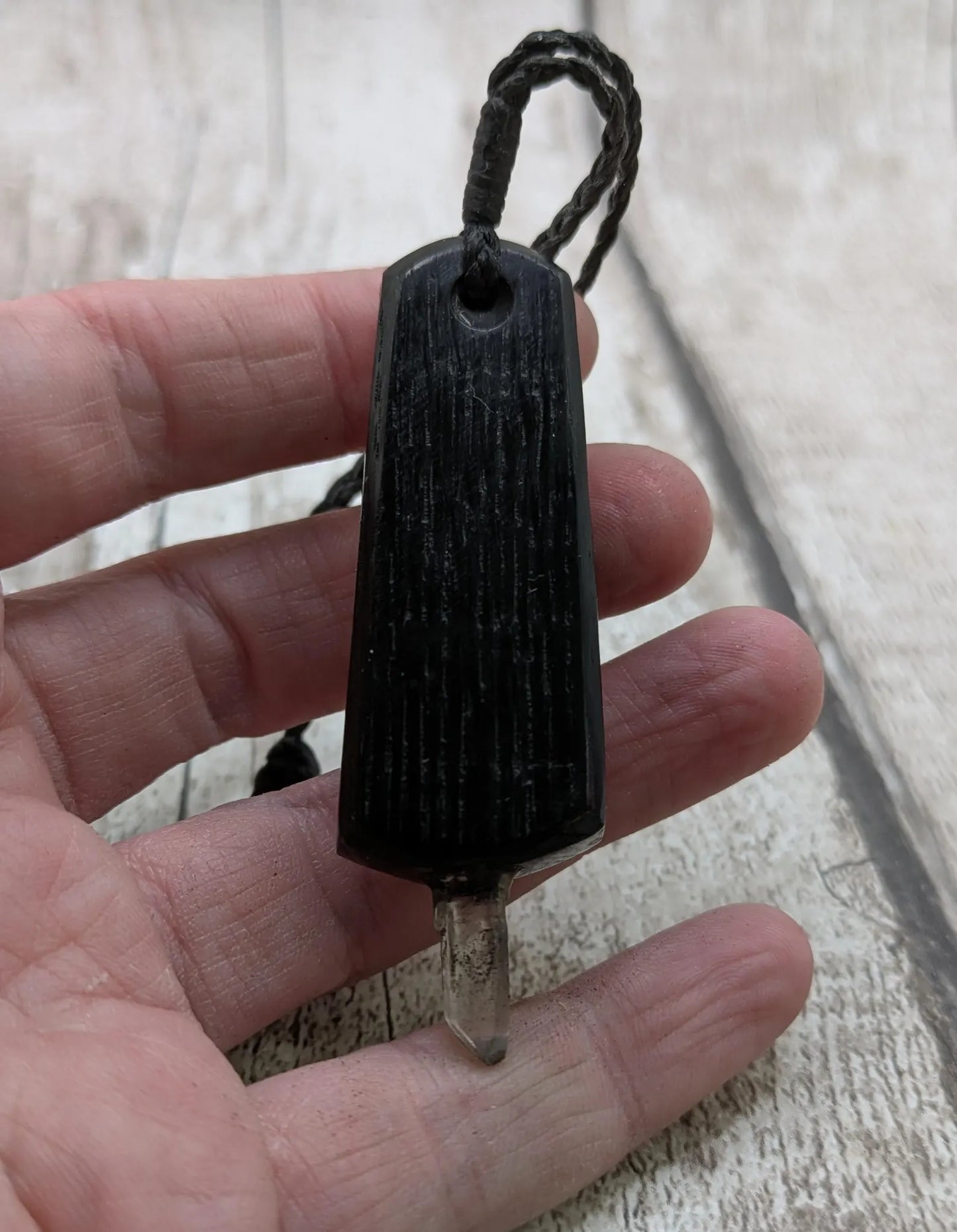Fenland Bog Oak Synergy Key Pendant – Pāua, Selenite, Hiddenite & Quartz Wand – Vibrational Tool for Lightwork & Spiritual Activation