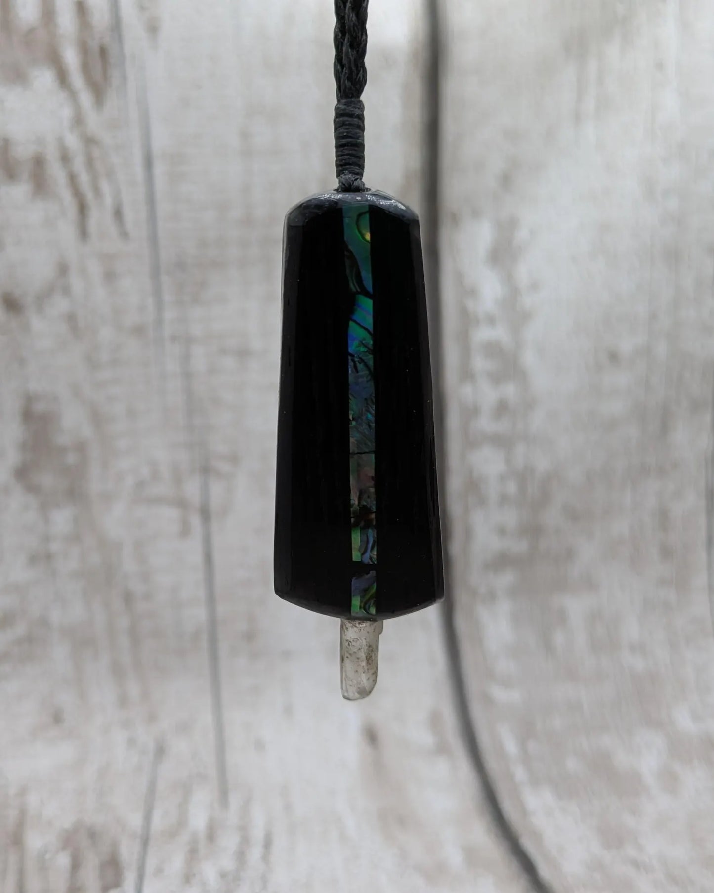 Fenland Bog Oak Synergy Key Pendant – Pāua, Selenite, Hiddenite & Quartz Wand – Vibrational Tool for Lightwork & Spiritual Activation