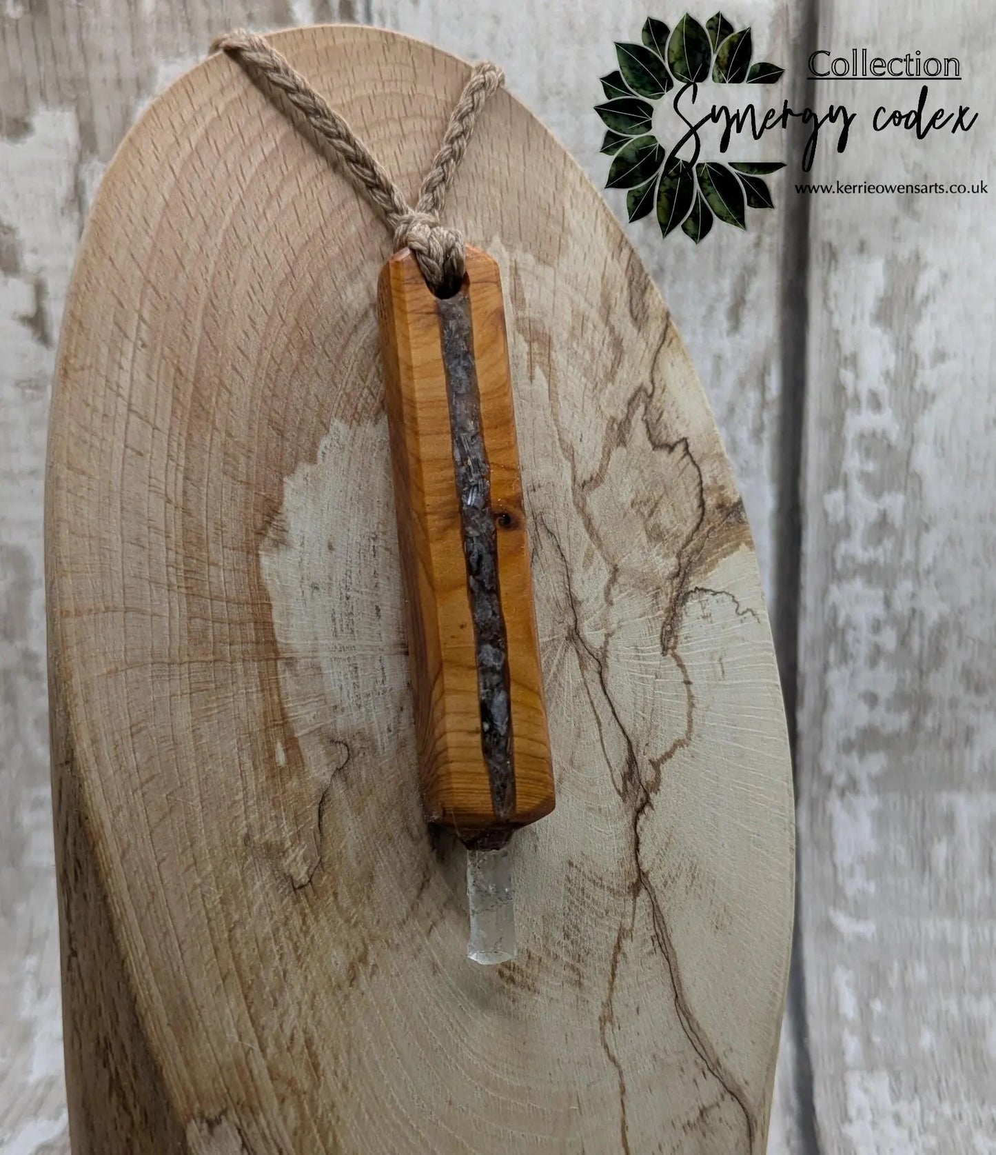 Yew Wood Pendant Wand – Blue Kyanite, Hiddenite & Quartz Point Inlay, High Vibrational Energy Tool, Synergy Blend for Higher Consciousness.