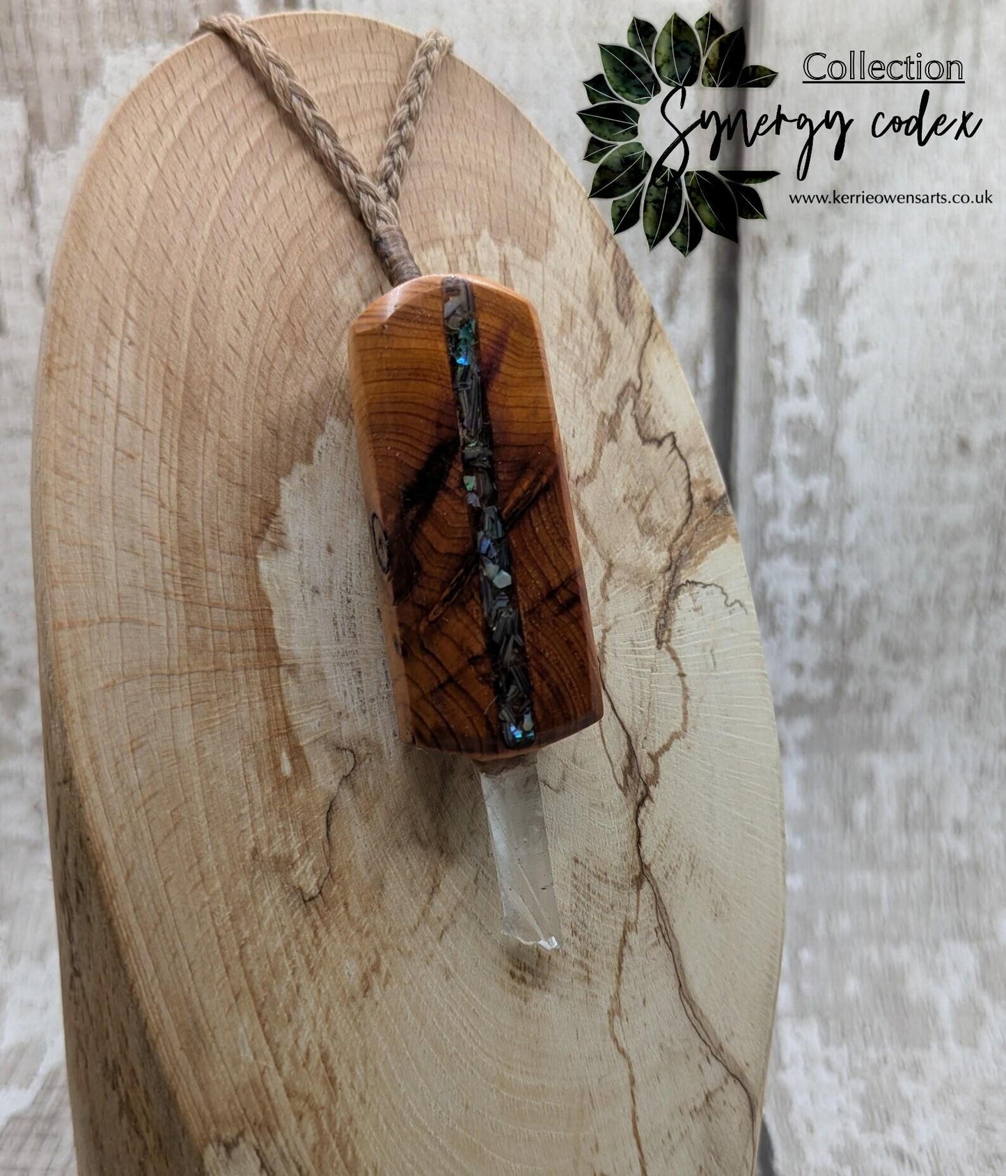 Yew Wood Mini Wand Pendant – Hiddenite with Pāua Inlay & Quartz Point, High Vibrational Energy Tool, Synergy Blend for Transformation