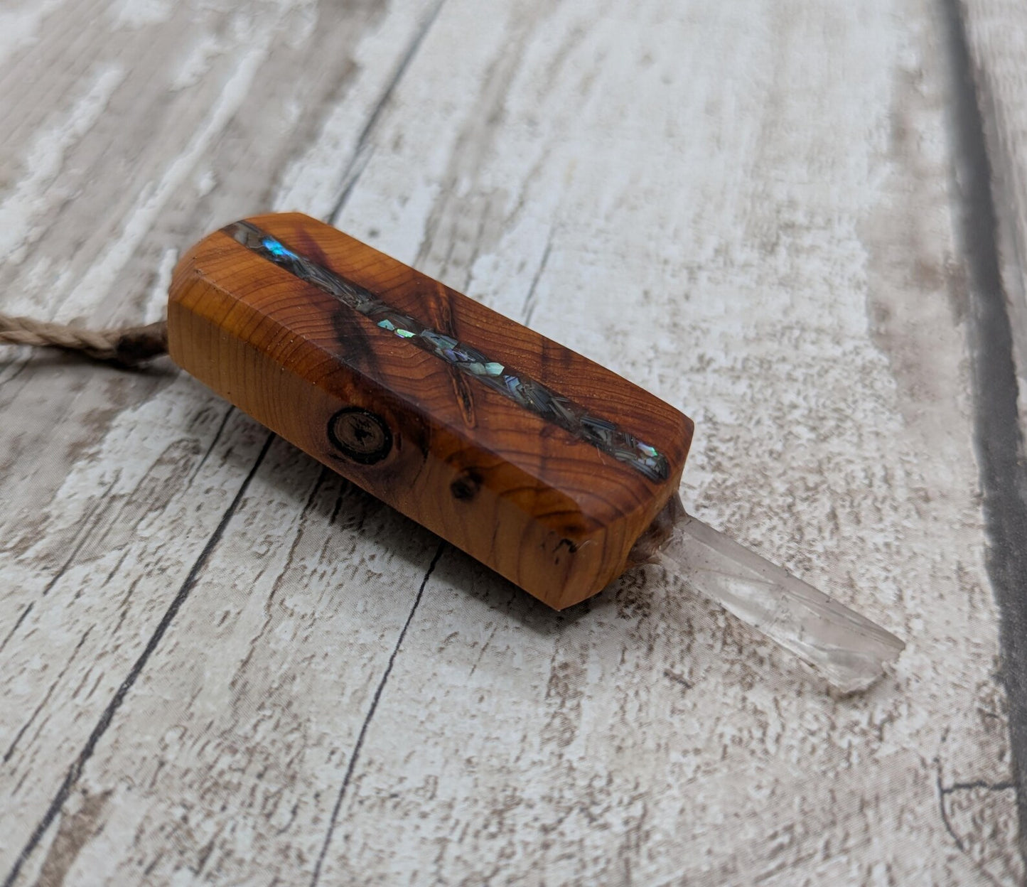 Yew Wood Mini Wand Pendant – Hiddenite with Pāua Inlay & Quartz Point, High Vibrational Energy Tool, Synergy Blend for Transformation