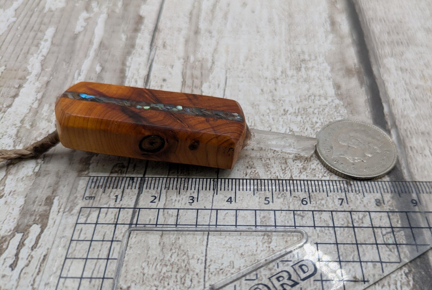 Yew Wood Mini Wand Pendant – Hiddenite with Pāua Inlay & Quartz Point, High Vibrational Energy Tool, Synergy Blend for Transformation