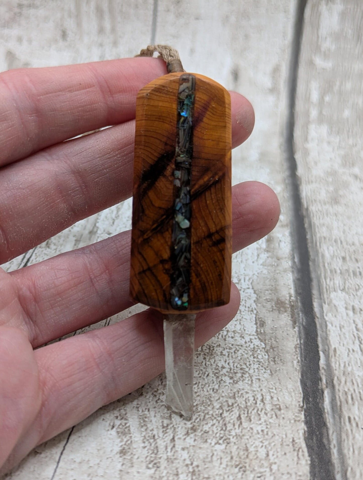 Yew Wood Mini Wand Pendant – Hiddenite with Pāua Inlay & Quartz Point, High Vibrational Energy Tool, Synergy Blend for Transformation
