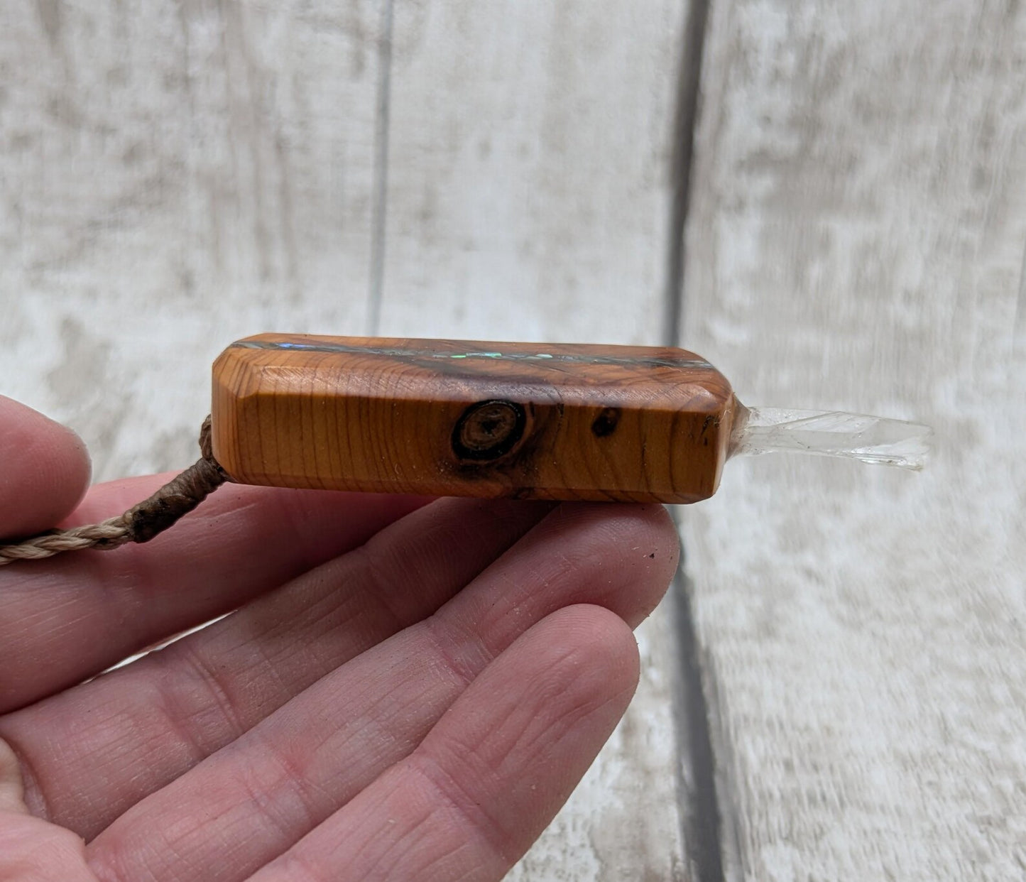 Yew Wood Mini Wand Pendant – Hiddenite with Pāua Inlay & Quartz Point, High Vibrational Energy Tool, Synergy Blend for Transformation