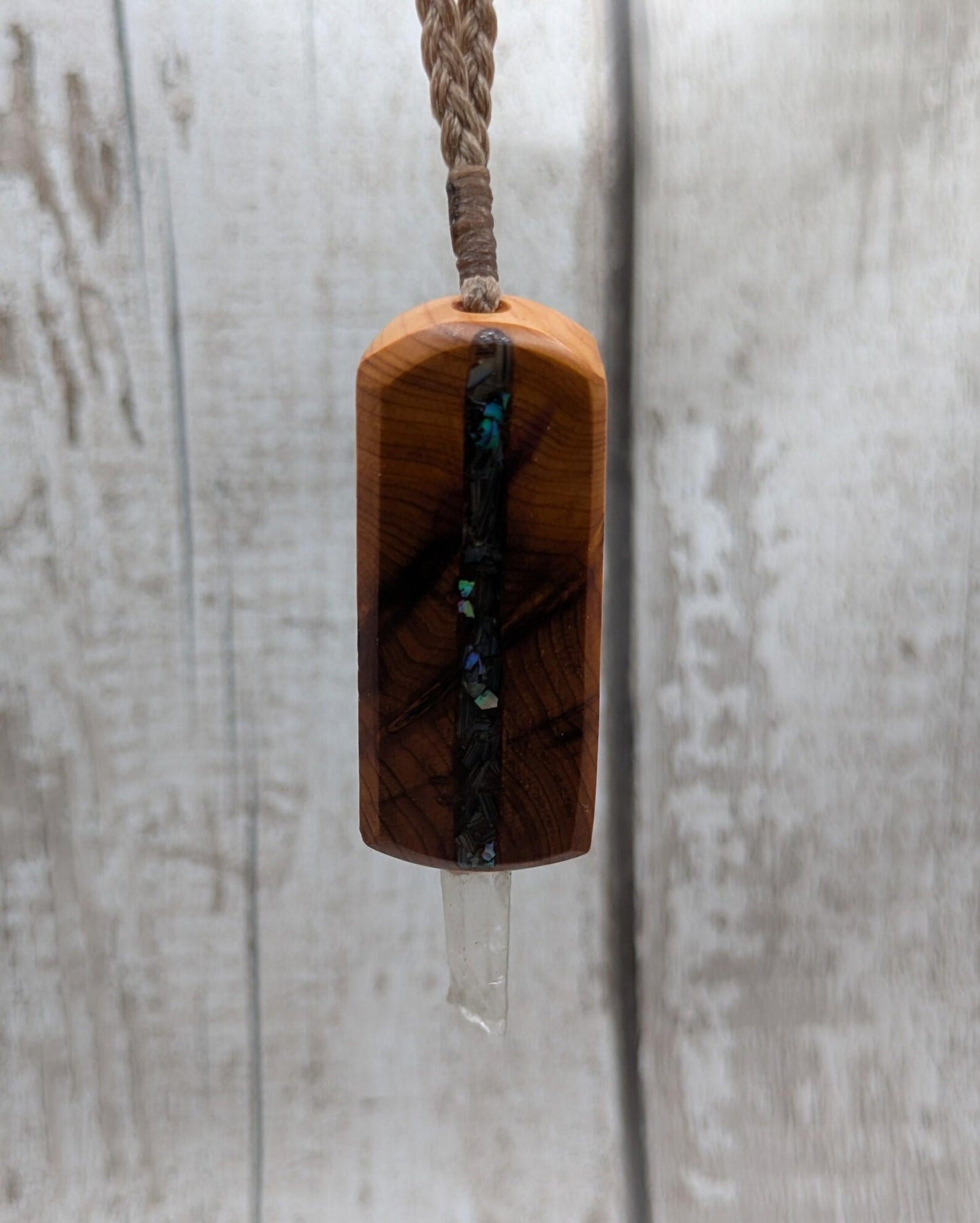 Yew Wood Mini Wand Pendant – Hiddenite with Pāua Inlay & Quartz Point, High Vibrational Energy Tool, Synergy Blend for Transformation
