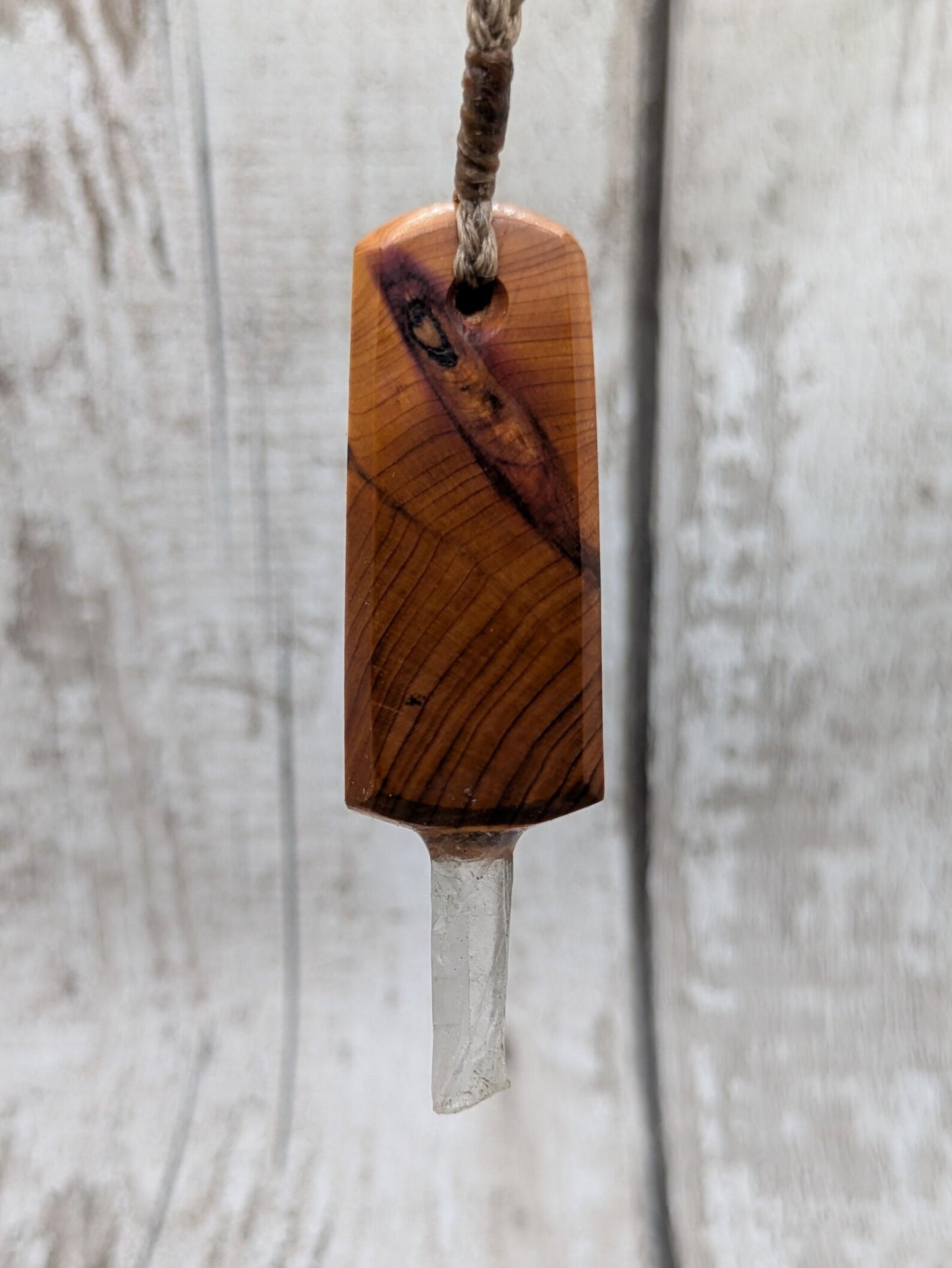 Yew Wood Mini Wand Pendant – Hiddenite with Pāua Inlay & Quartz Point, High Vibrational Energy Tool, Synergy Blend for Transformation