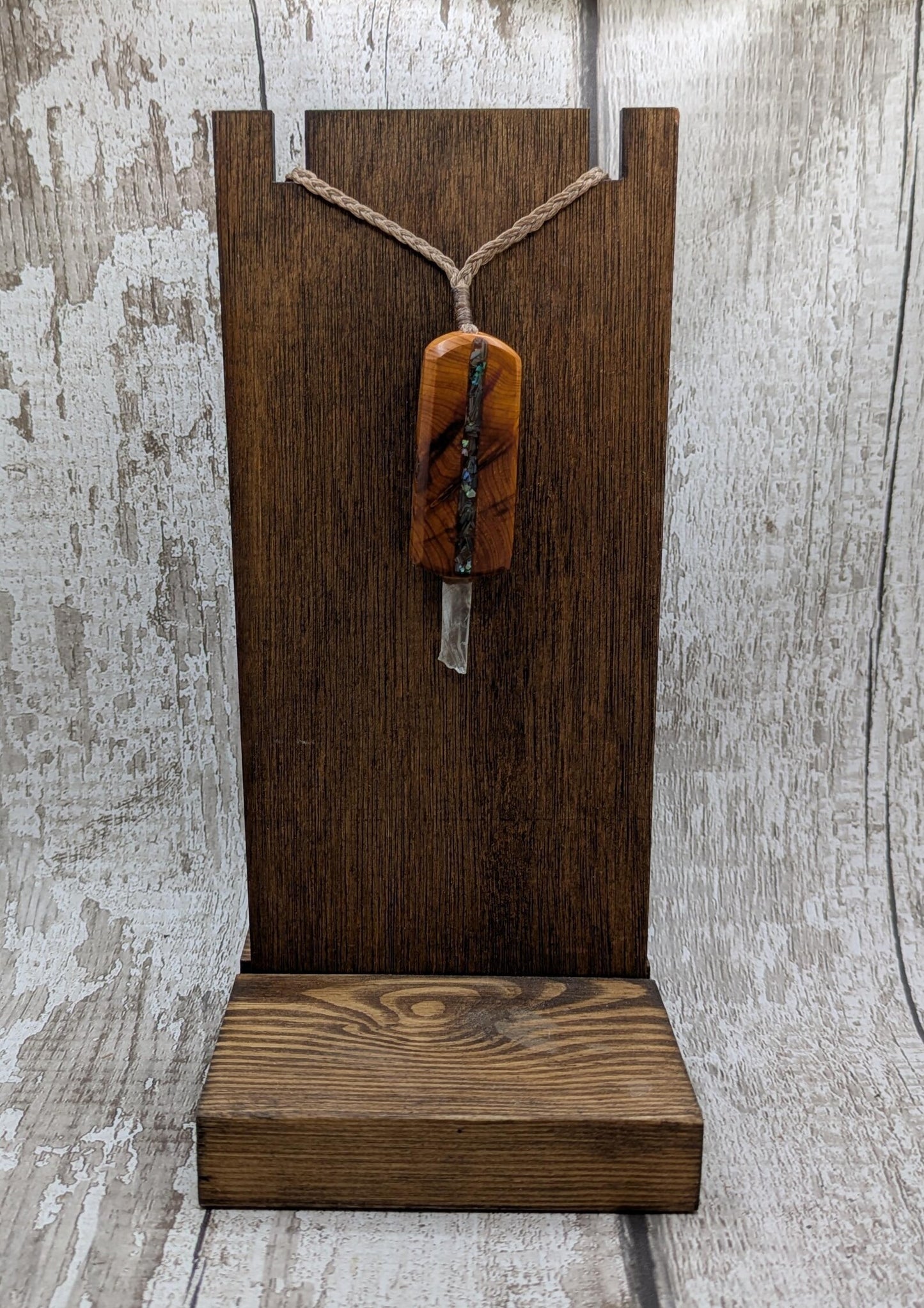 Yew Wood Mini Wand Pendant – Hiddenite with Pāua Inlay & Quartz Point, High Vibrational Energy Tool, Synergy Blend for Transformation
