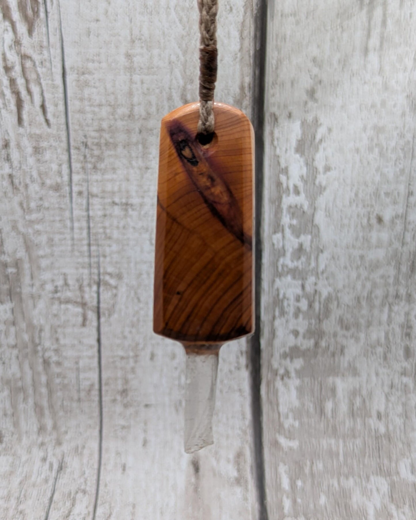Yew Wood Mini Wand Pendant – Hiddenite with Pāua Inlay & Quartz Point, High Vibrational Energy Tool, Synergy Blend for Transformation