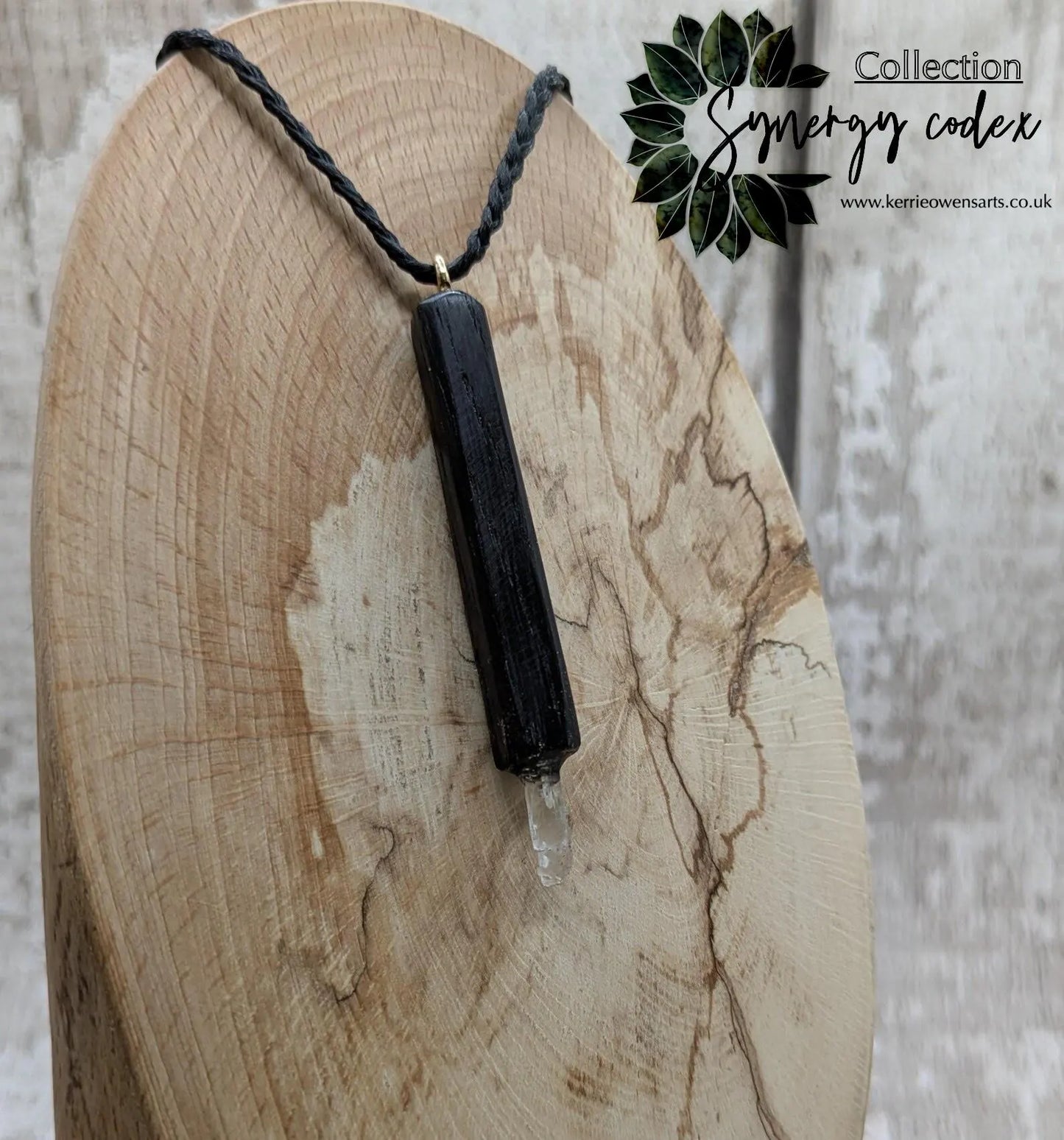 Fenland Bog Oak & Hiddenite Mini Wand Pendant – High Vibrational Energy Tool, Grounding and Transformational Stone for Spiritual Growth.