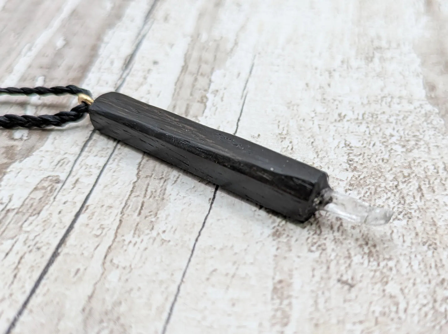 Fenland Bog Oak & Hiddenite Mini Wand Pendant – High Vibrational Energy Tool, Grounding and Transformational Stone for Spiritual Growth.