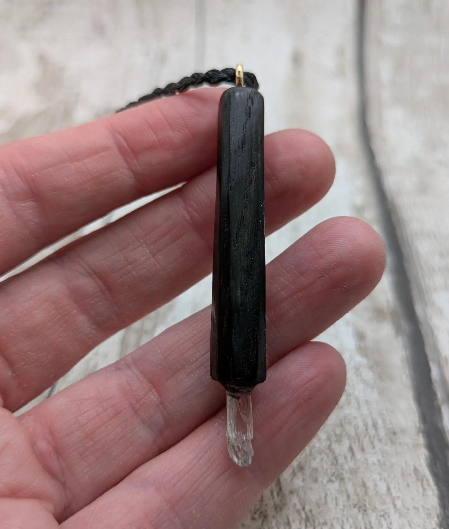Fenland Bog Oak & Hiddenite Mini Wand Pendant – High Vibrational Energy Tool, Grounding and Transformational Stone for Spiritual Growth.