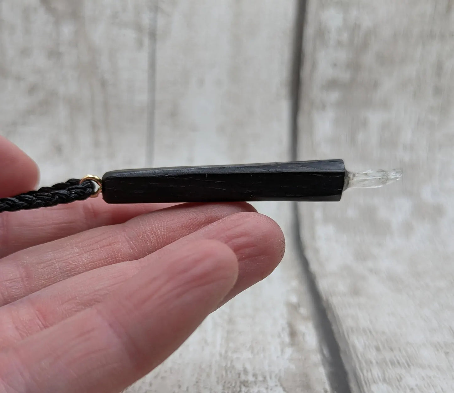 Fenland Bog Oak & Hiddenite Mini Wand Pendant – High Vibrational Energy Tool, Grounding and Transformational Stone for Spiritual Growth.