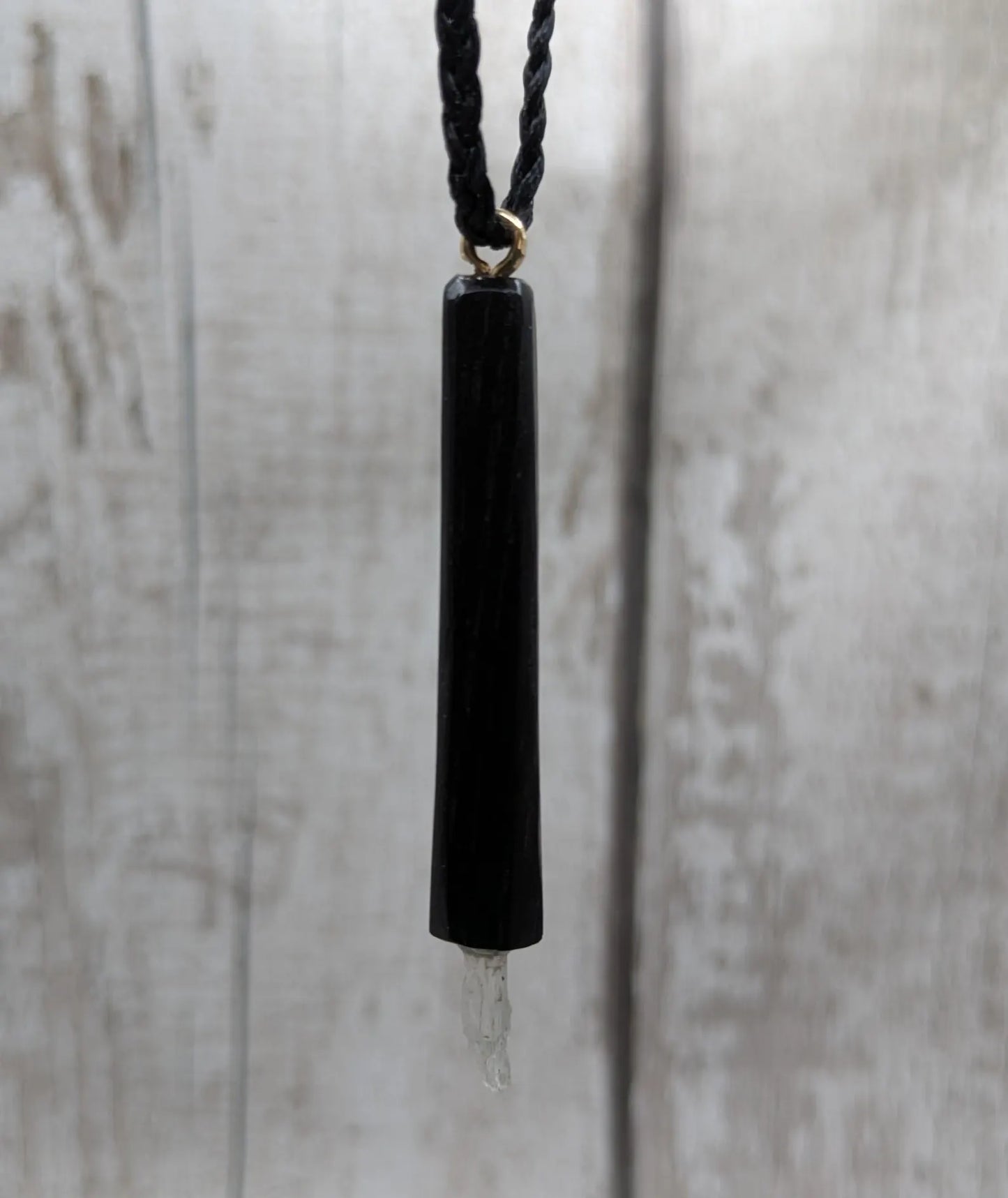 Fenland Bog Oak & Hiddenite Mini Wand Pendant – High Vibrational Energy Tool, Grounding and Transformational Stone for Spiritual Growth.