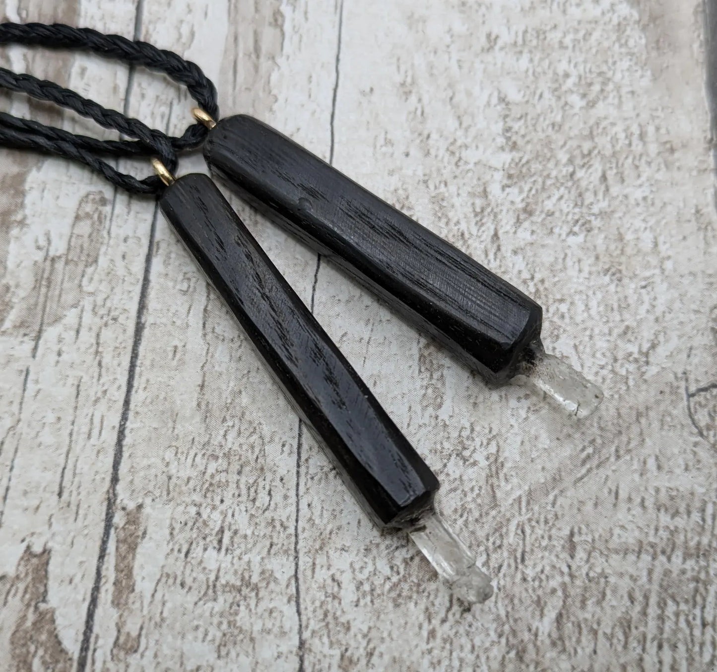 Fenland Bog Oak & Hiddenite Mini Wand Pendant – High Vibrational Energy Tool, Grounding and Transformational Stone for Spiritual Growth.