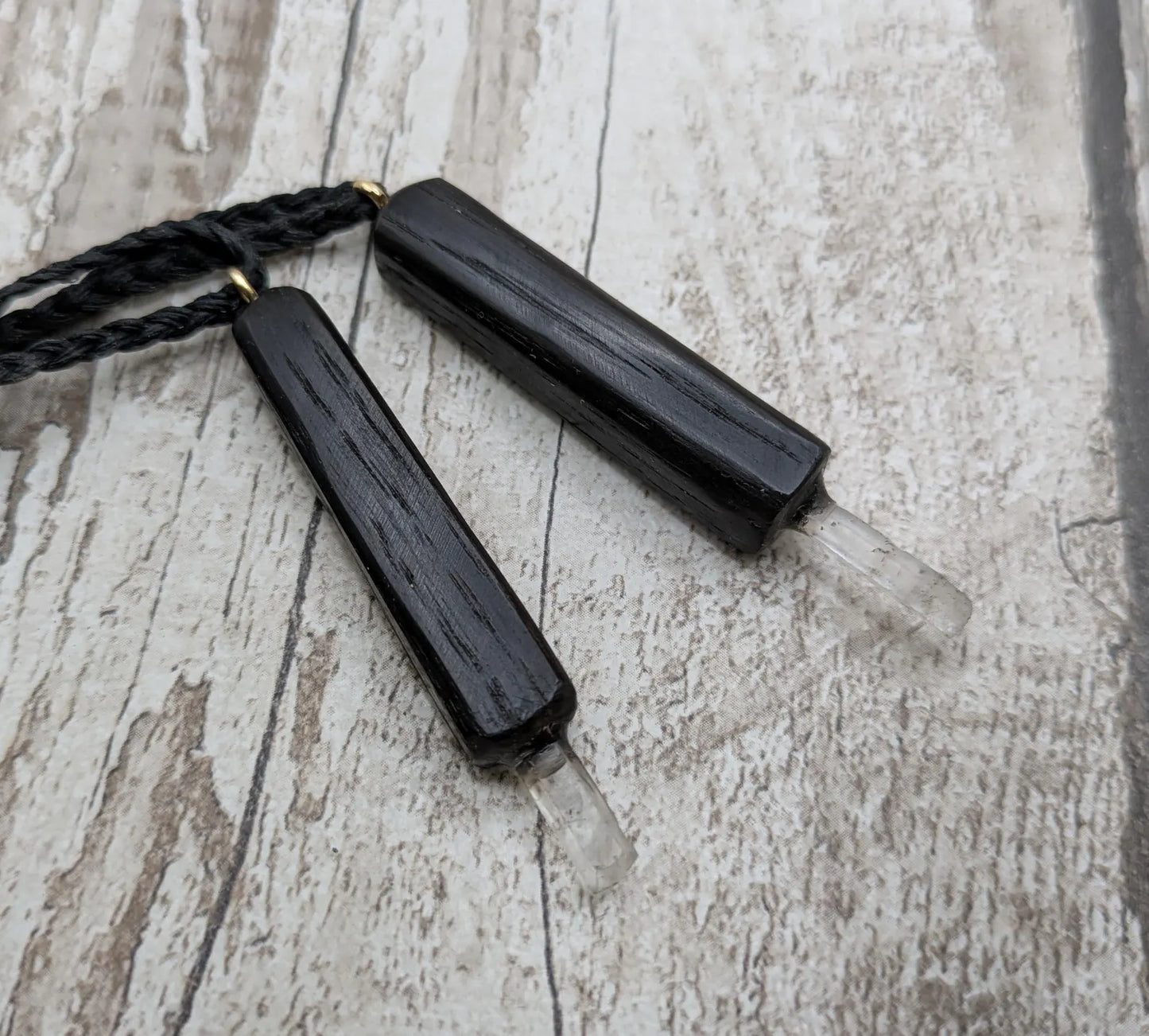 Fenland Bog Oak & Quartz Crystal Mini Wand Pendant. Grounding Healing Wand, Natural Crystal Energy Tool, Spiritual Healing Transformation