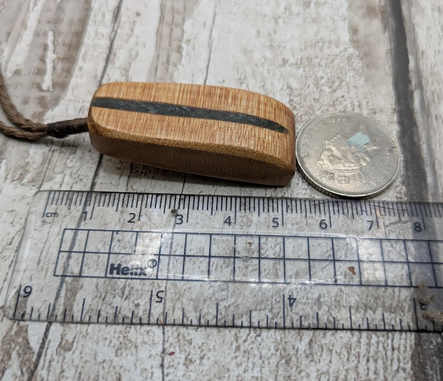 NZ Swamp Kauri Hei Toki Adze Pendant with Aotea Stone, Fuchsite and Blue Kyanite Inlay, Recycled Wood Spiritual Necklace
