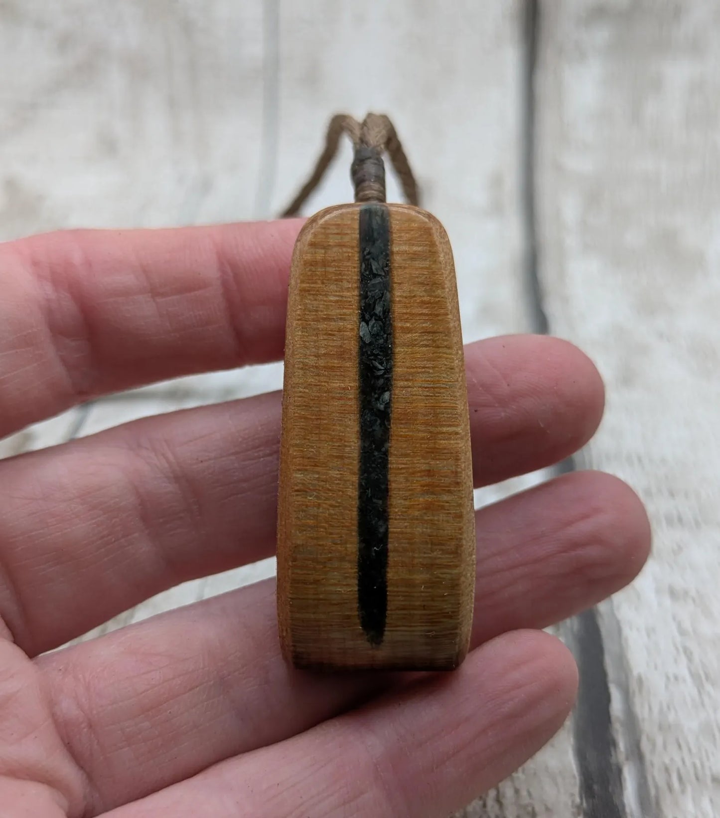 NZ Swamp Kauri Hei Toki Adze Pendant with Aotea Stone, Fuchsite and Blue Kyanite Inlay, Recycled Wood Spiritual Necklace