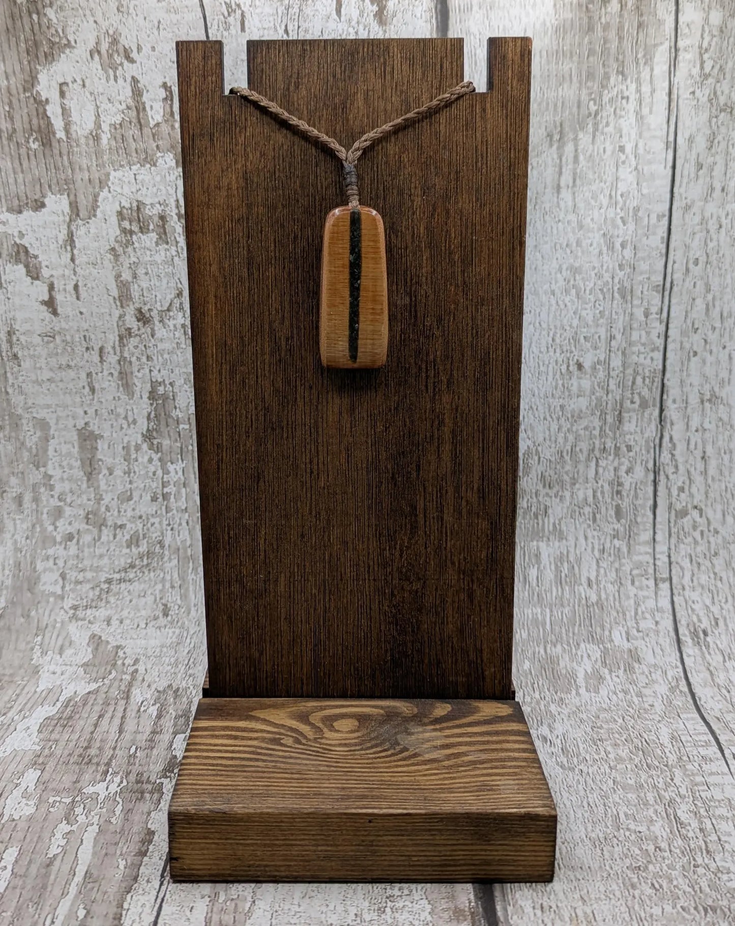 NZ Swamp Kauri Hei Toki Adze Pendant with Aotea Stone, Fuchsite and Blue Kyanite Inlay, Recycled Wood Spiritual Necklace