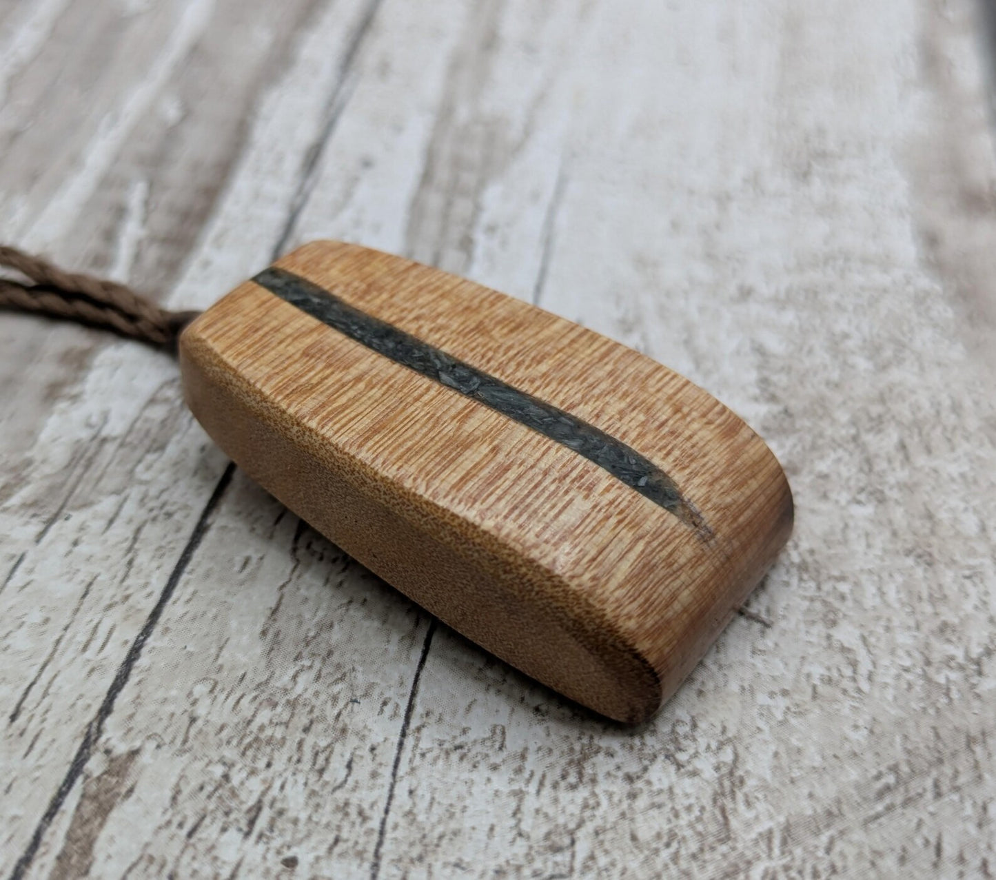 NZ Swamp Kauri Hei Toki Adze Pendant with Aotea Stone, Fuchsite and Blue Kyanite Inlay, Recycled Wood Spiritual Necklace