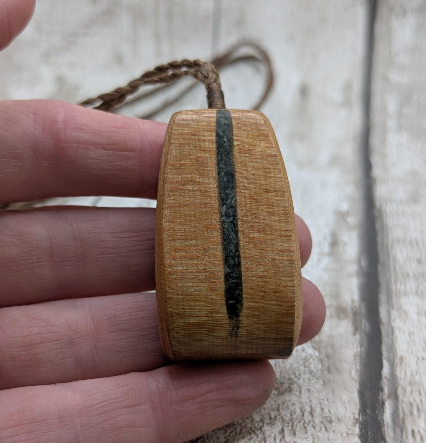 NZ Swamp Kauri Hei Toki Adze Pendant with Aotea Stone, Fuchsite and Blue Kyanite Inlay, Recycled Wood Spiritual Necklace