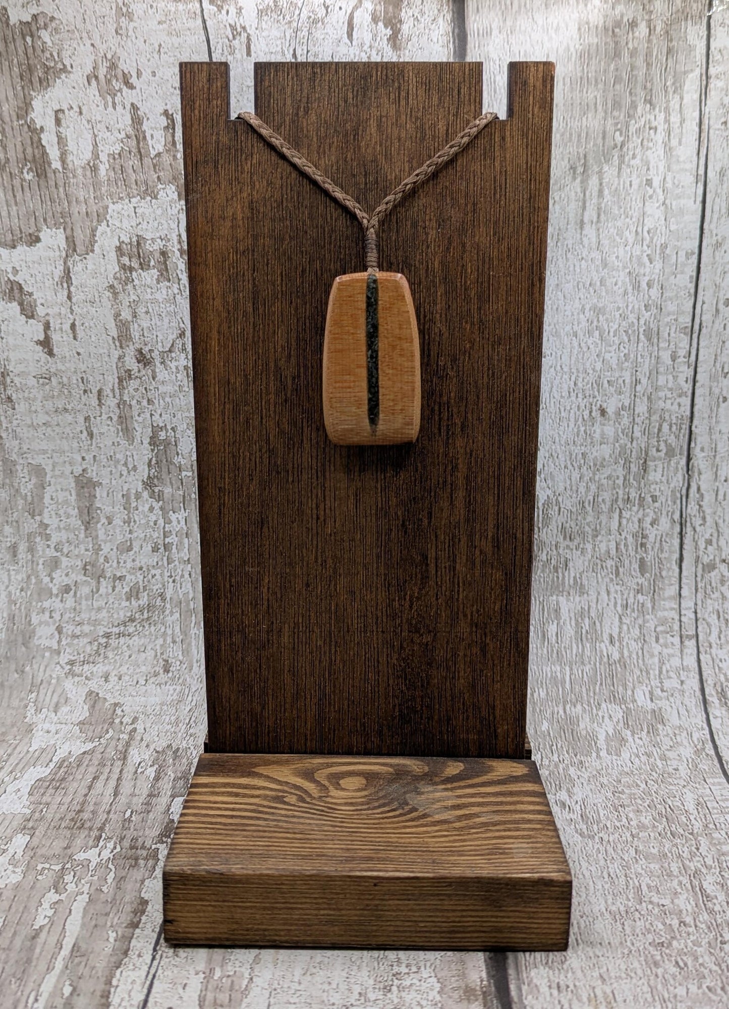 NZ Swamp Kauri Hei Toki Adze Pendant with Aotea Stone, Fuchsite and Blue Kyanite Inlay, Recycled Wood Spiritual Necklace
