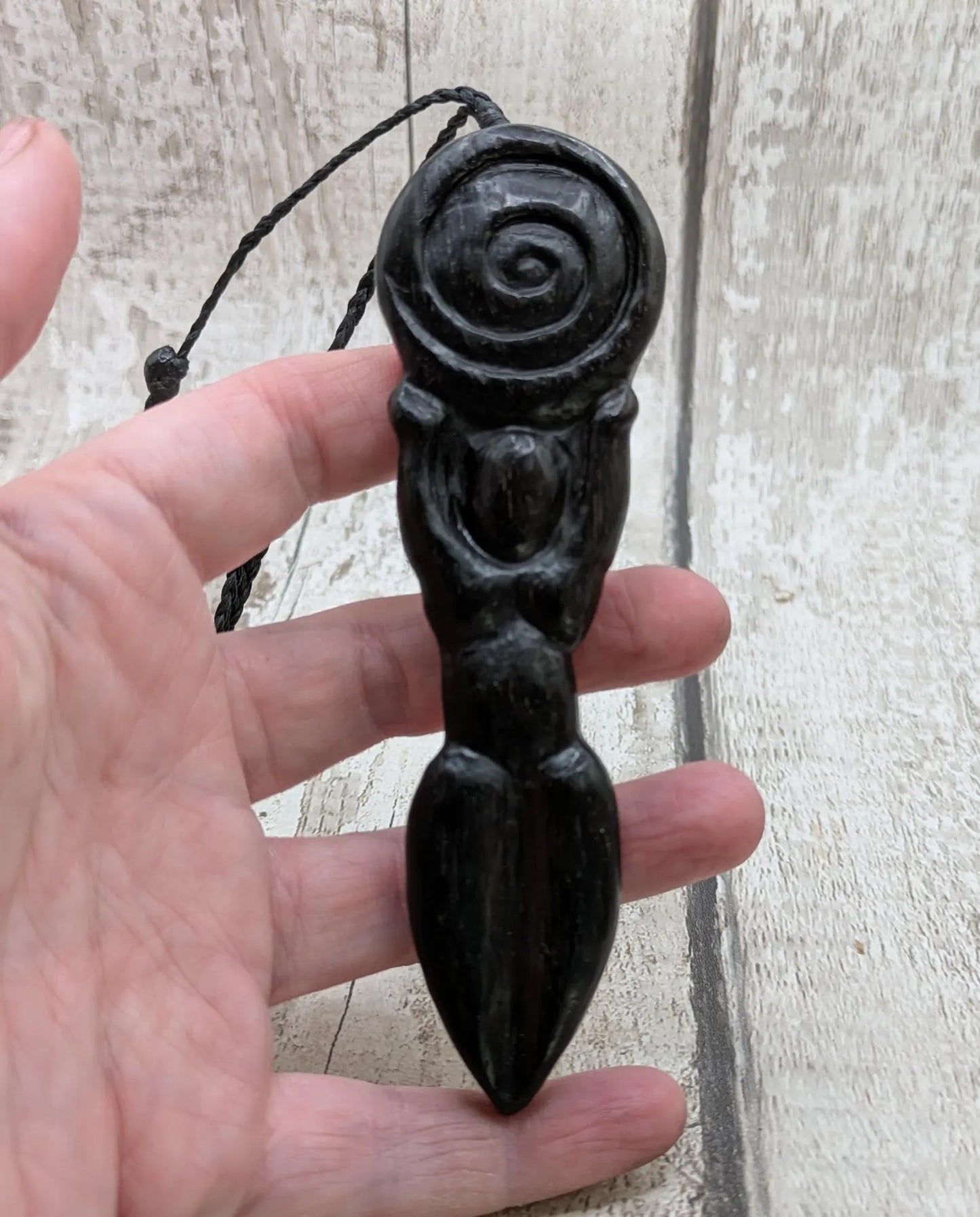 Fenland Bog Oak Goddess Pendant with Koru Spiral World Disc – Sacred Feminine Spiritual Jewelry, Earth Connection Talisman
