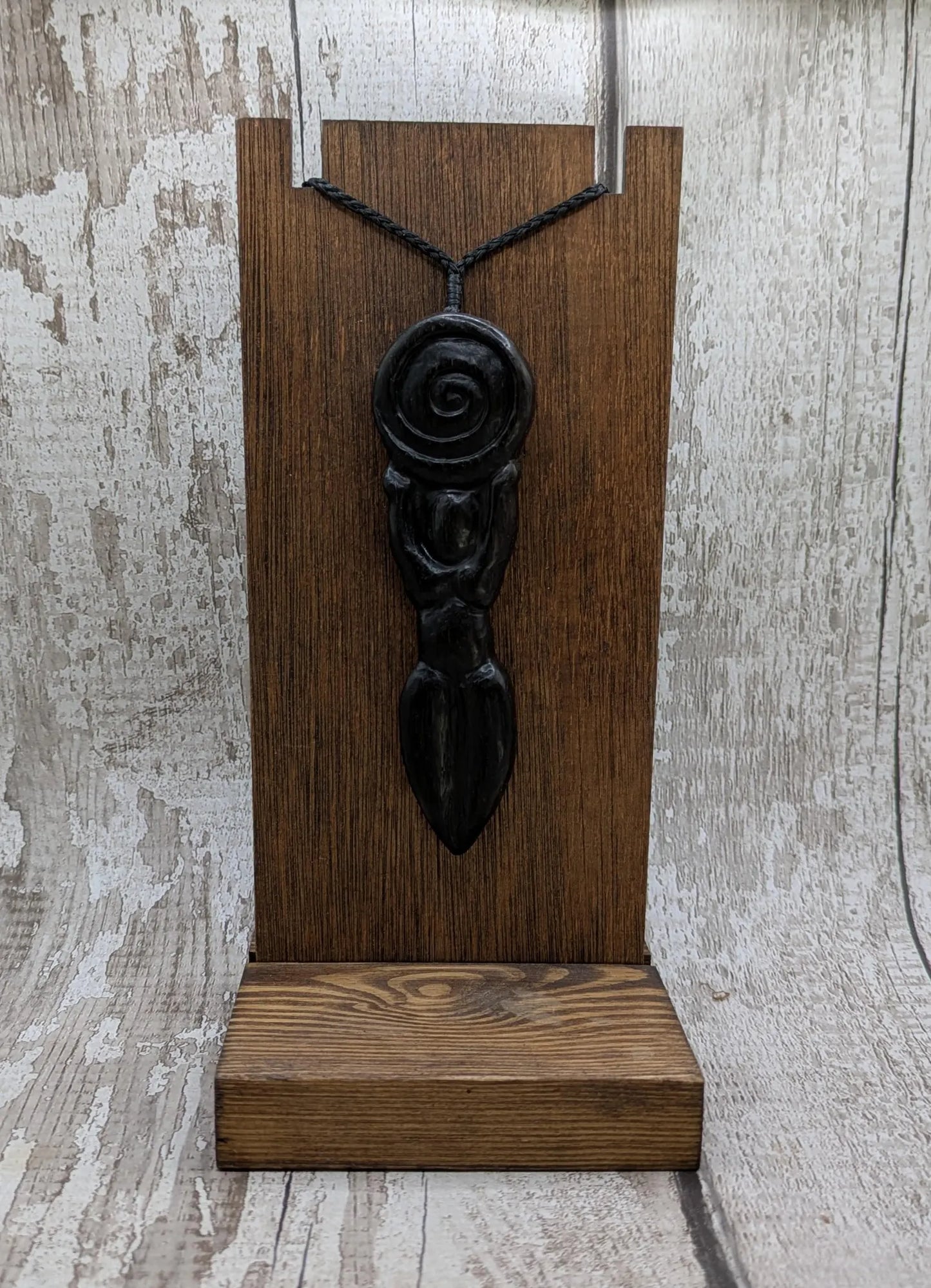 Fenland Bog Oak Goddess Pendant with Koru Spiral World Disc – Sacred Feminine Spiritual Jewelry, Earth Connection Talisman