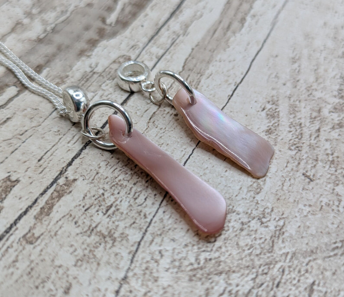Freeform Pink Mussel Shell Pendant – Natural New Zealand Shell on 925 Sterling Silver Bail & 18” Curb Chain – Adjustable Necklace.