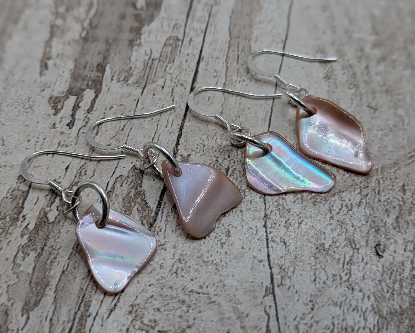 Pink Mussel Shell Earrings – New Zealand Free-Form Iridescent Drops on Sterling Silver Fish Hooks | Everyday Ocean Elegance.