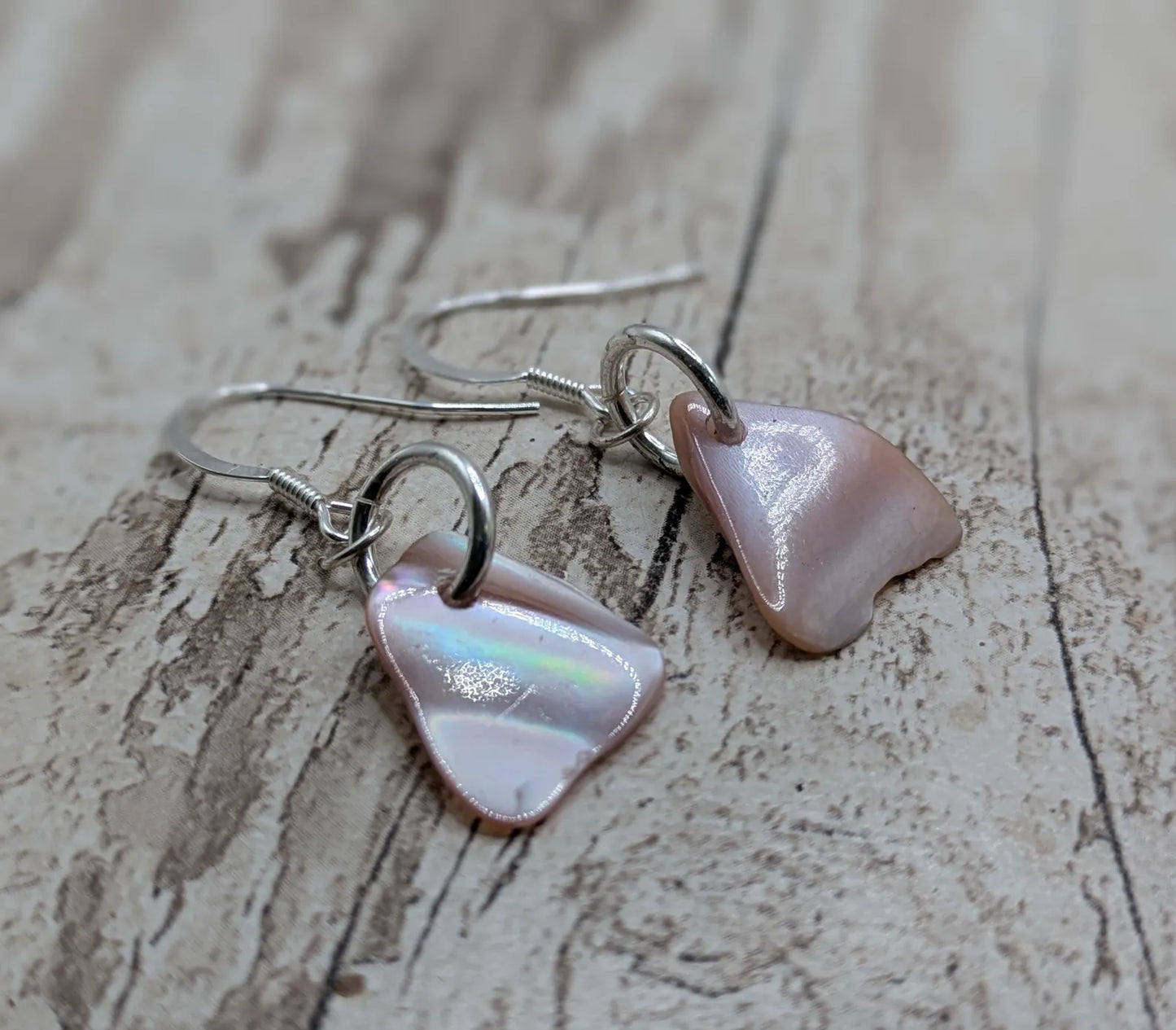 Pink Mussel Shell Earrings – New Zealand Free-Form Iridescent Drops on Sterling Silver Fish Hooks | Everyday Ocean Elegance.