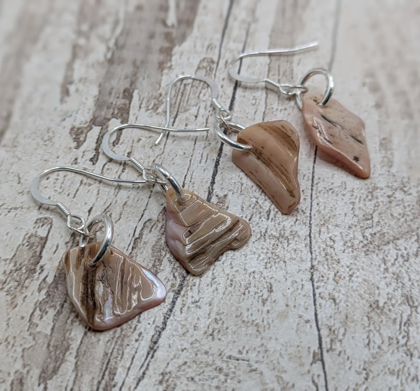 Pink Mussel Shell Earrings – New Zealand Free-Form Iridescent Drops on Sterling Silver Fish Hooks | Everyday Ocean Elegance.