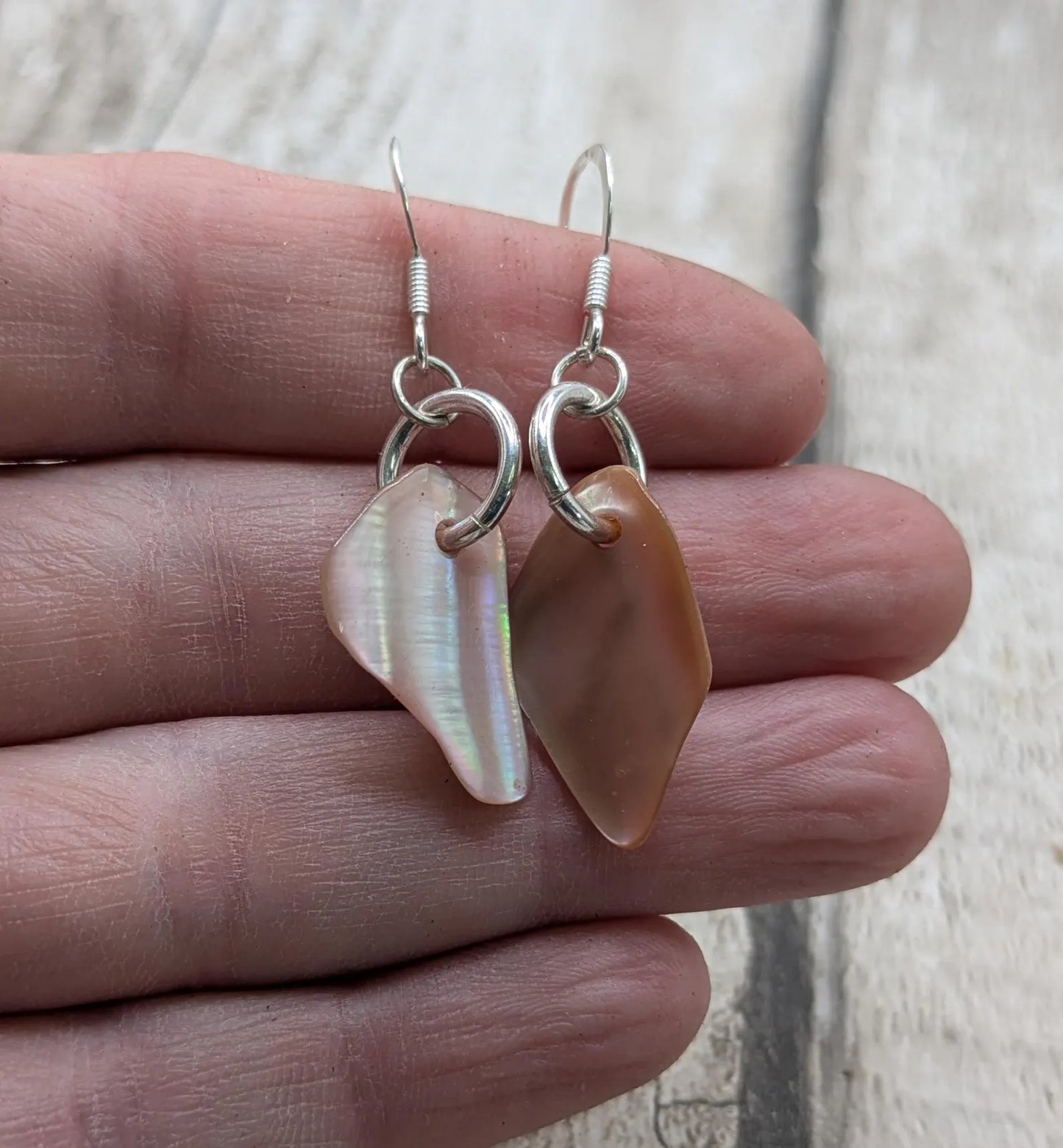 Pink Mussel Shell Earrings – New Zealand Free-Form Iridescent Drops on Sterling Silver Fish Hooks | Everyday Ocean Elegance.