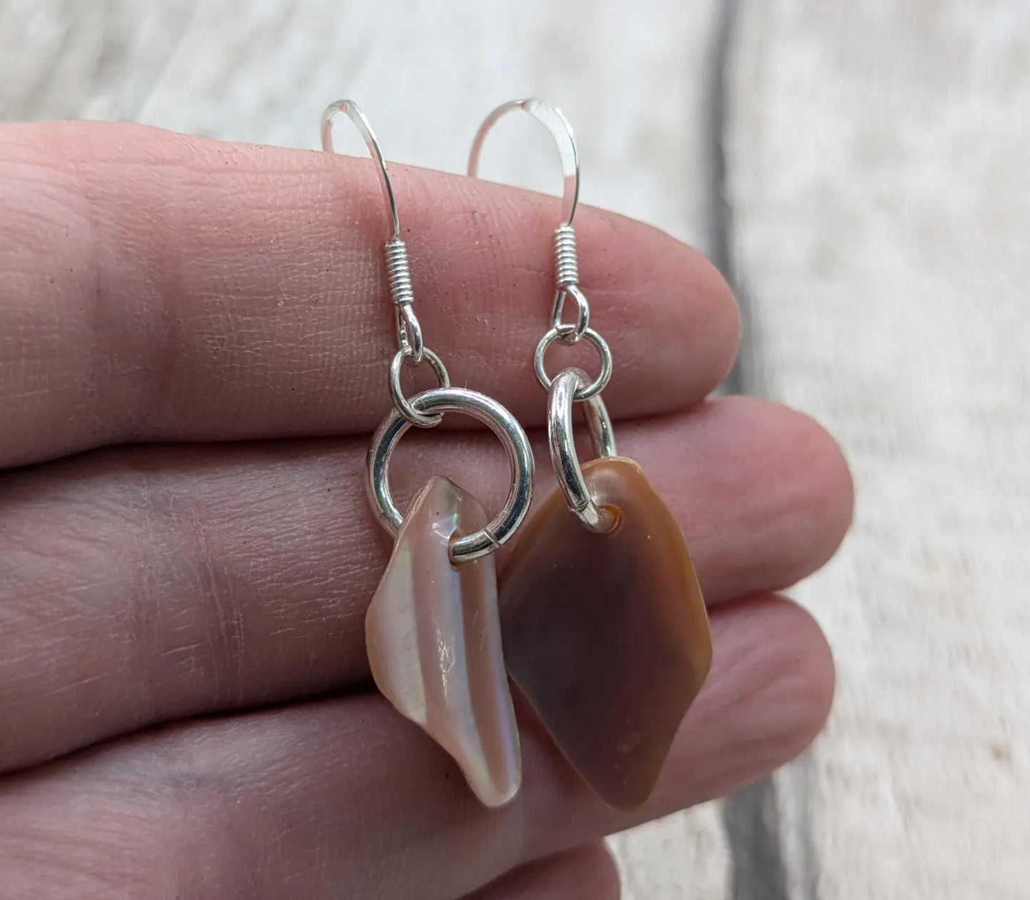 Pink Mussel Shell Earrings – New Zealand Free-Form Iridescent Drops on Sterling Silver Fish Hooks | Everyday Ocean Elegance.