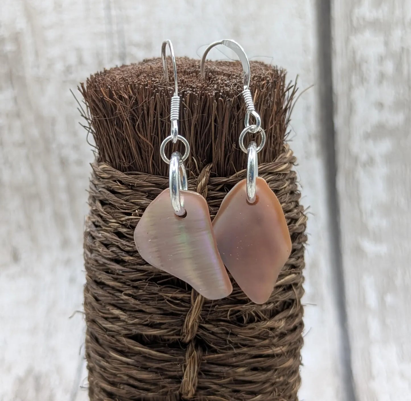 Pink Mussel Shell Earrings – New Zealand Free-Form Iridescent Drops on Sterling Silver Fish Hooks | Everyday Ocean Elegance.