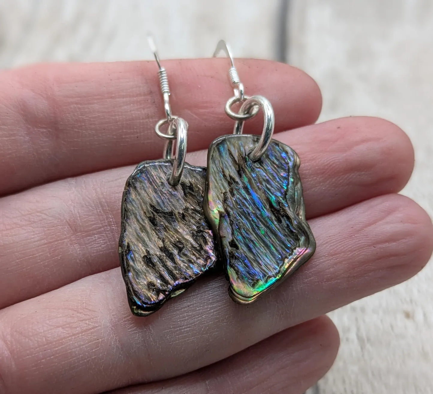New Zealand Pāua Shell Earrings – Rainbow Abalone Free-Form Drops on Sterling Silver Hooks | Ocean Energy Jewellery.