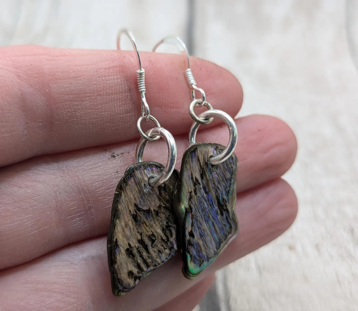 New Zealand Pāua Shell Earrings – Rainbow Abalone Free-Form Drops on Sterling Silver Hooks | Ocean Energy Jewellery.