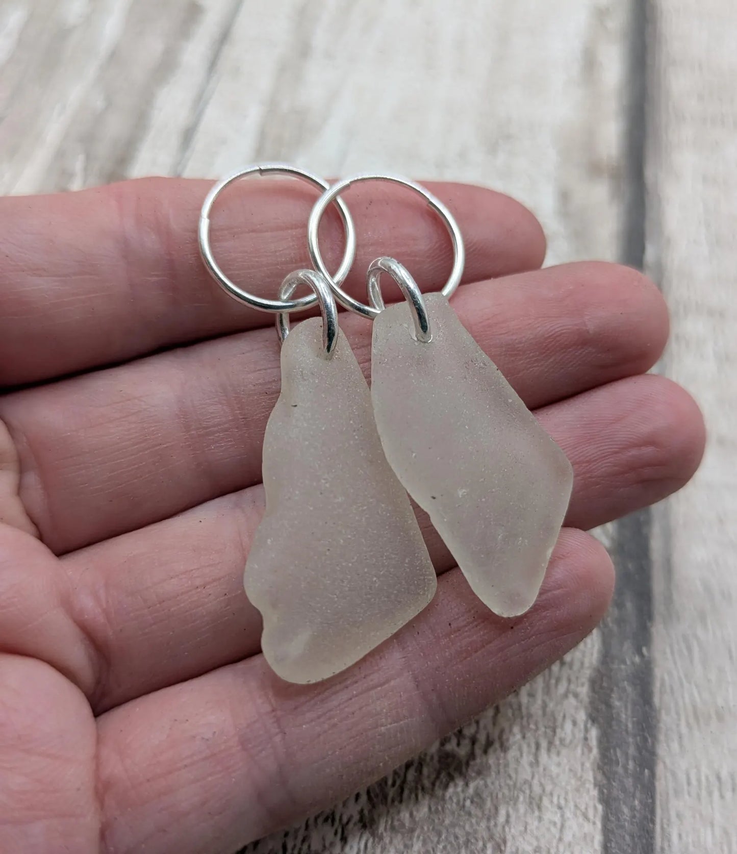 Sea Glass Hoop Earrings – Sterling Silver Sleepers with Tumbled Thames Estuary Glass – Frosted White or Teal – Eco Coastal Jewellery
