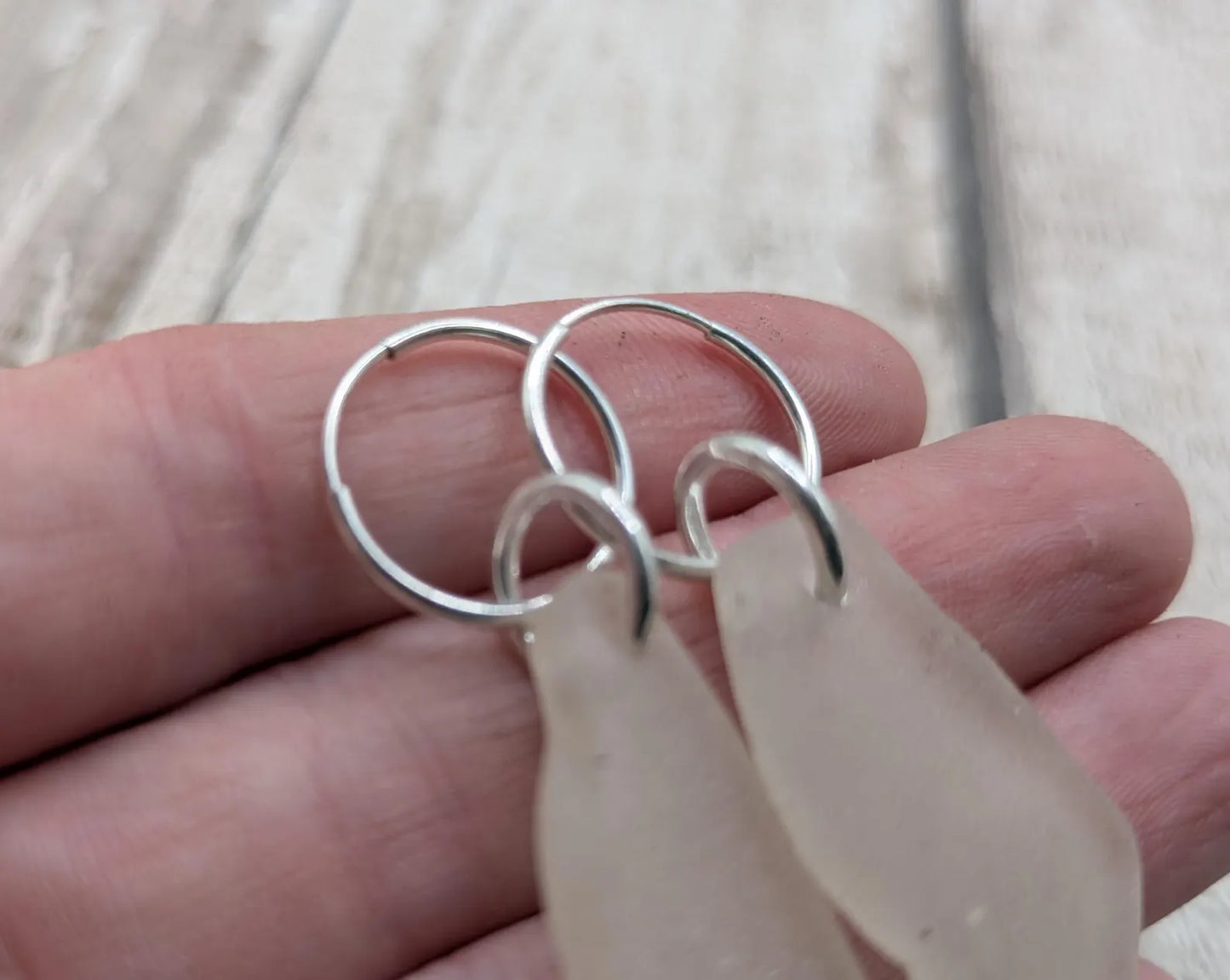 Sea Glass Hoop Earrings – Sterling Silver Sleepers with Tumbled Thames Estuary Glass – Frosted White or Teal – Eco Coastal Jewellery