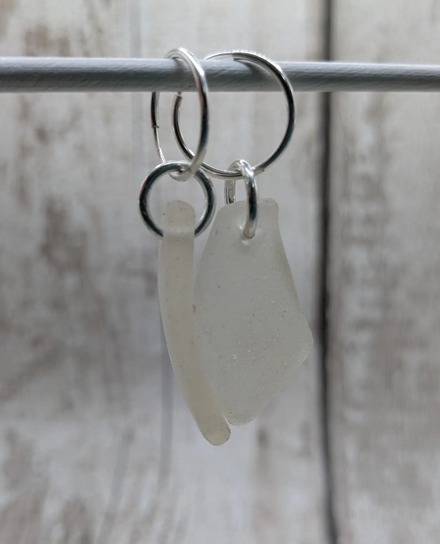 Sea Glass Hoop Earrings – Sterling Silver Sleepers with Tumbled Thames Estuary Glass – Frosted White or Teal – Eco Coastal Jewellery