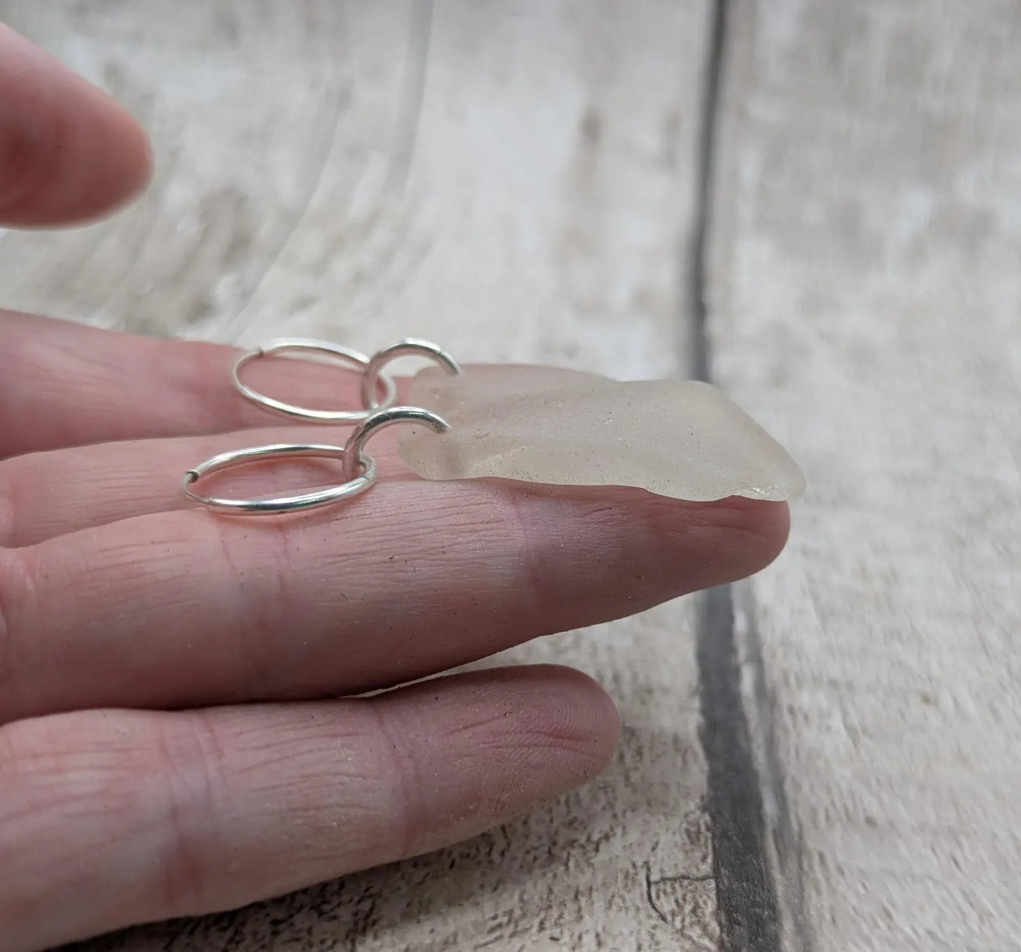 Sea Glass Hoop Earrings – Sterling Silver Sleepers with Tumbled Thames Estuary Glass – Frosted White or Teal – Eco Coastal Jewellery