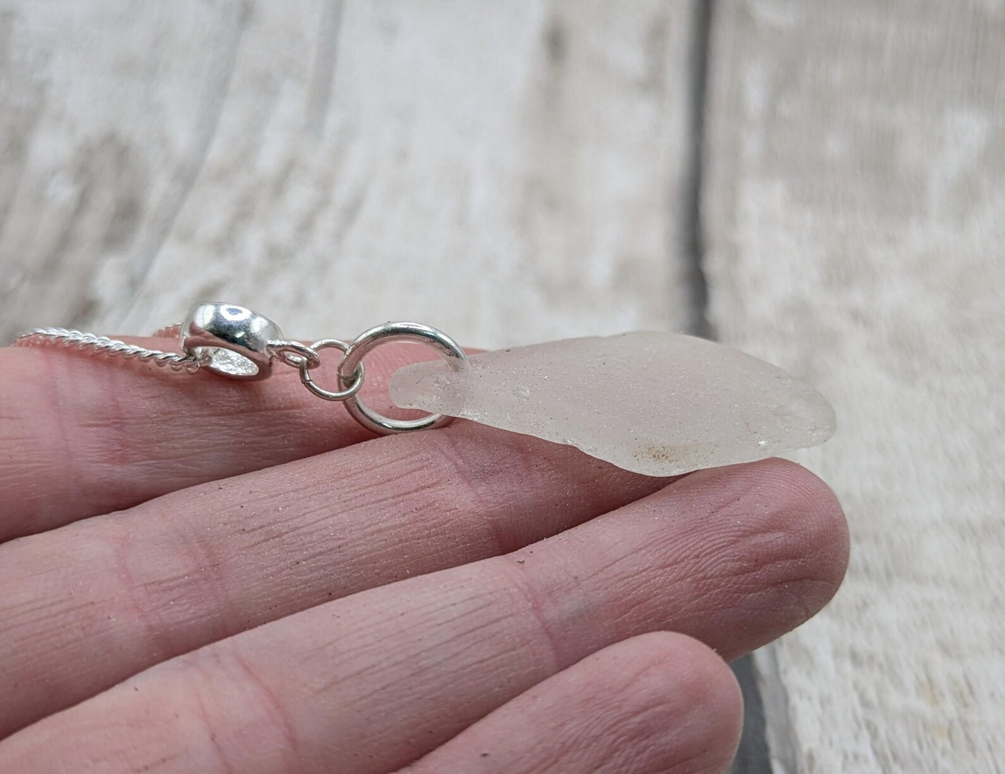 Frosted Sea Glass Necklace – Natural Thames Sea Glass Pendant on Sterling Silver Chain – Eco Beach Jewellery – Coastal Gift.